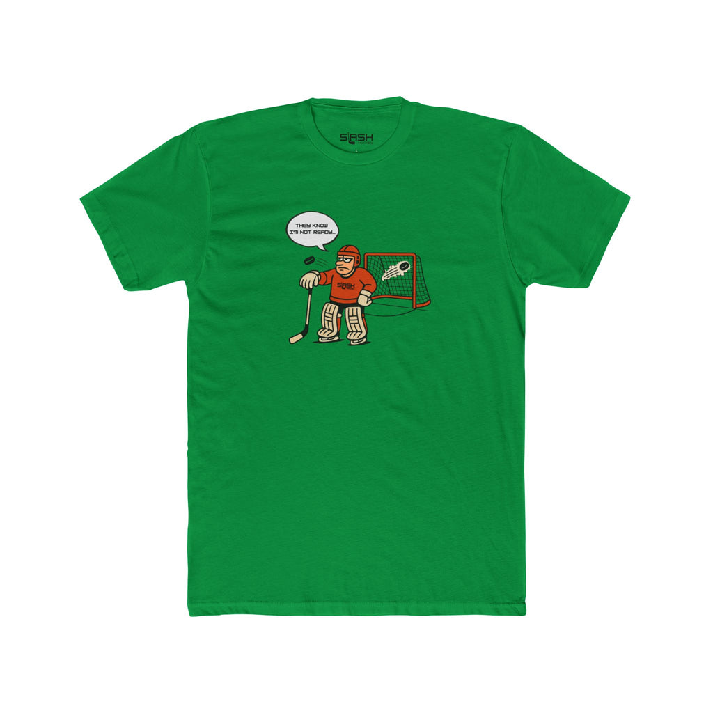 Mad Goalie Tee front view — bold goalie-inspired graphic in Slash Hockey brand colors. Unisex short-sleeve t-shirt displayed flat, highlighting the front design.