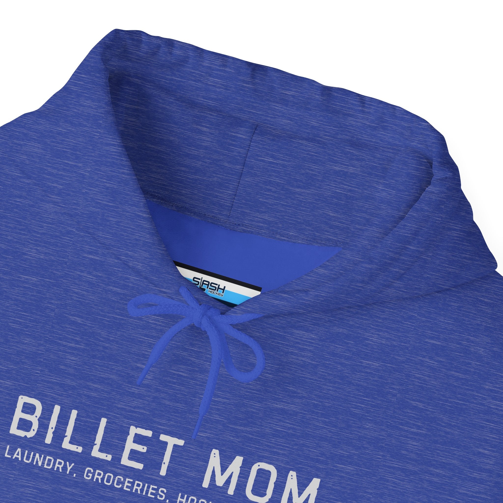 Close-up collar detail of Billet Mom hoodie showing soft cotton blend fabric and printed design