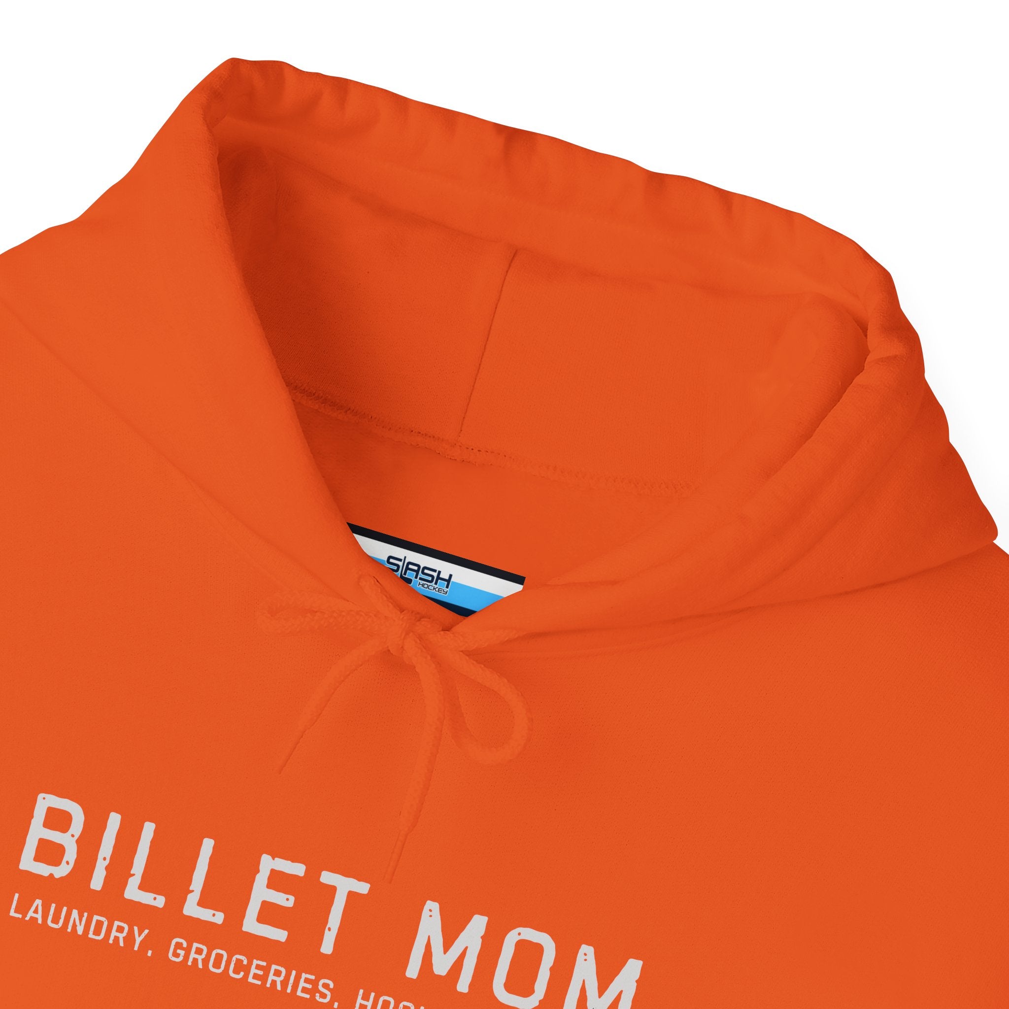 Close-up collar detail of Billet Mom hoodie showing soft cotton blend fabric and printed design