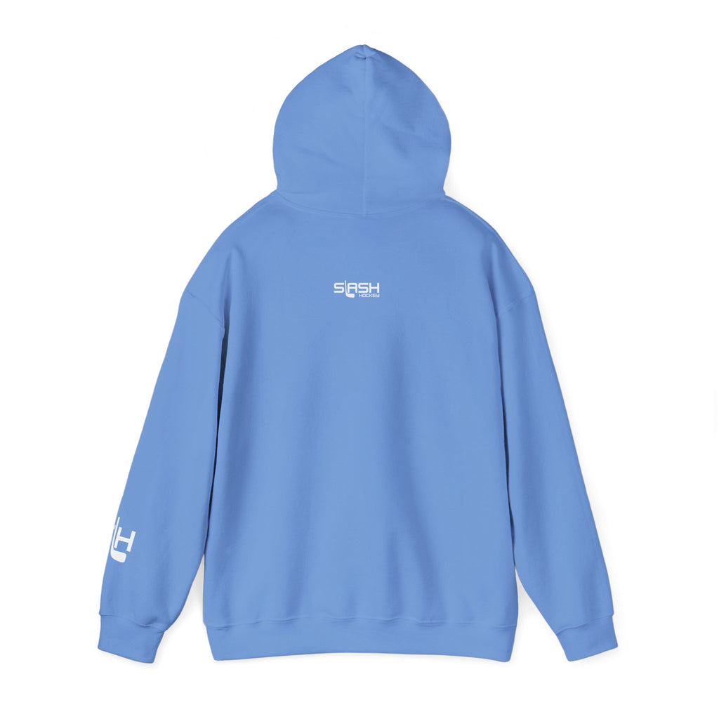 Back of Grow Hockey hoodie in solid color with Slash Hockey logo, clean and minimal design.
