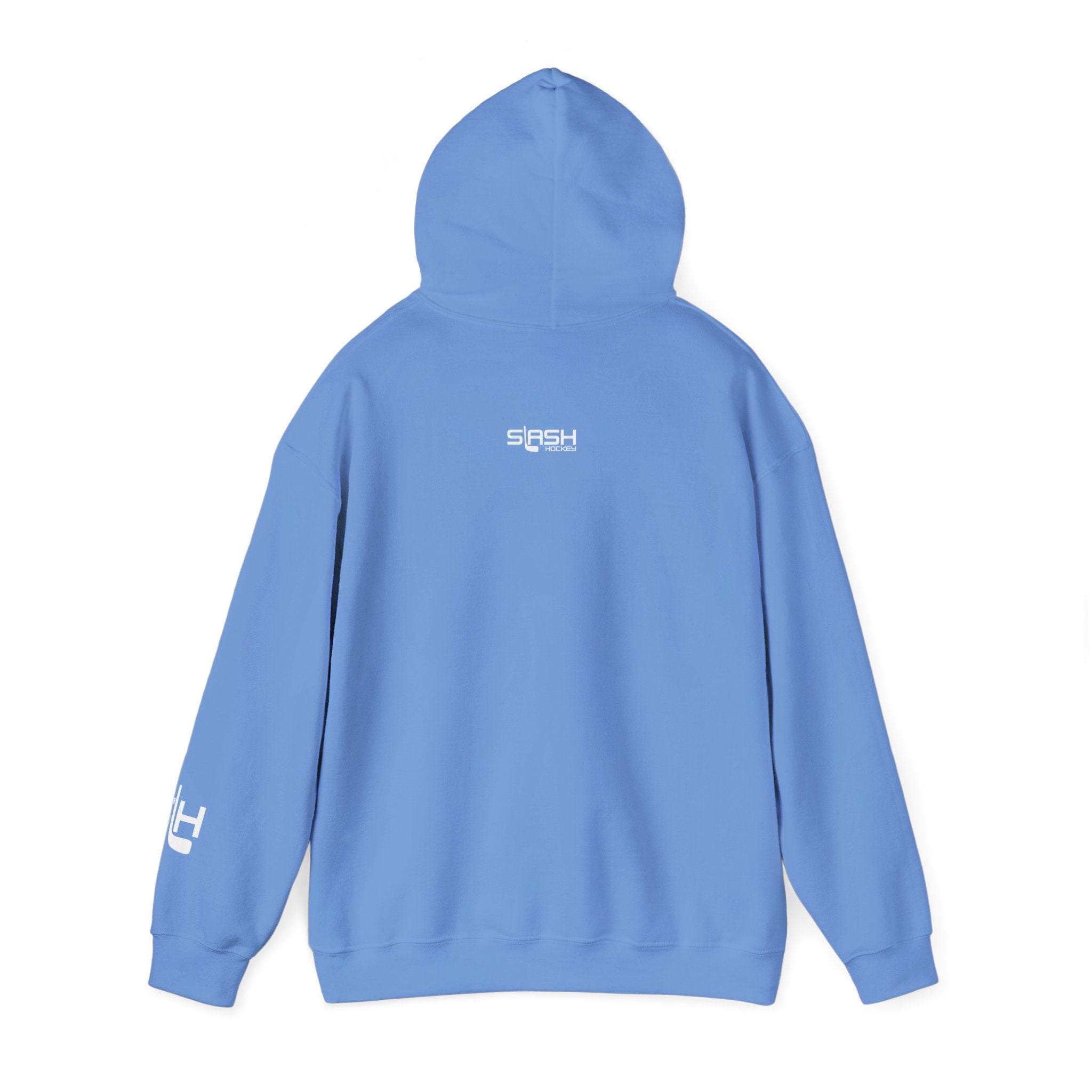 Back of Grow Hockey hoodie in solid color with Slash Hockey logo, clean and minimal design.