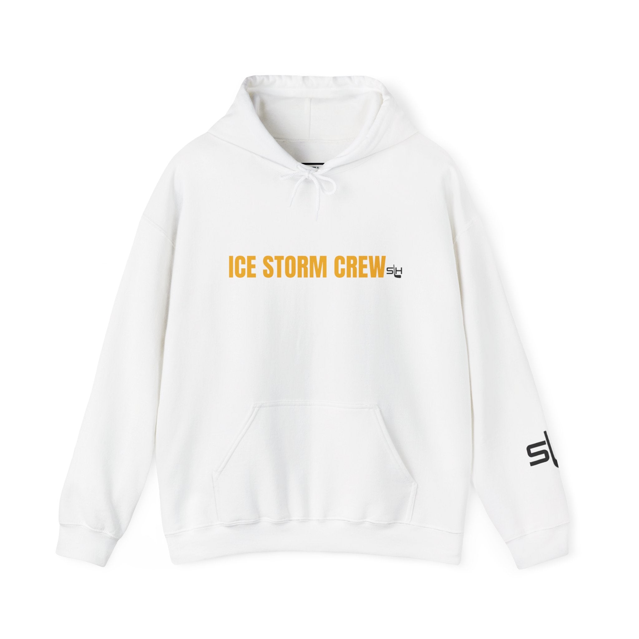 White Ice Storm Crew hockey hoodie featuring bold ICE STORM CREW text across the chest in high-contrast print