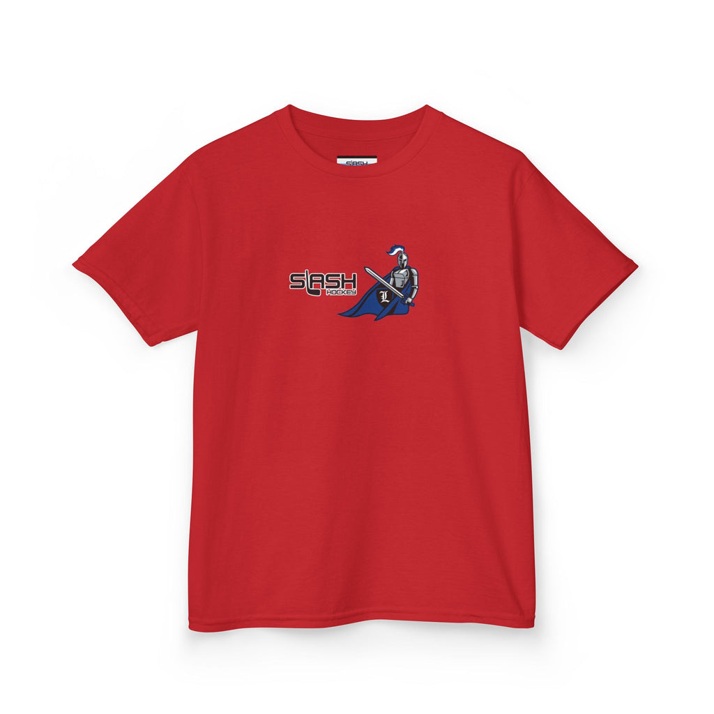 Front view of Livonia Hockey Association youth t-shirt, smaller sizing for kids and young players. Team logo printed on chest, casual athletic fit.