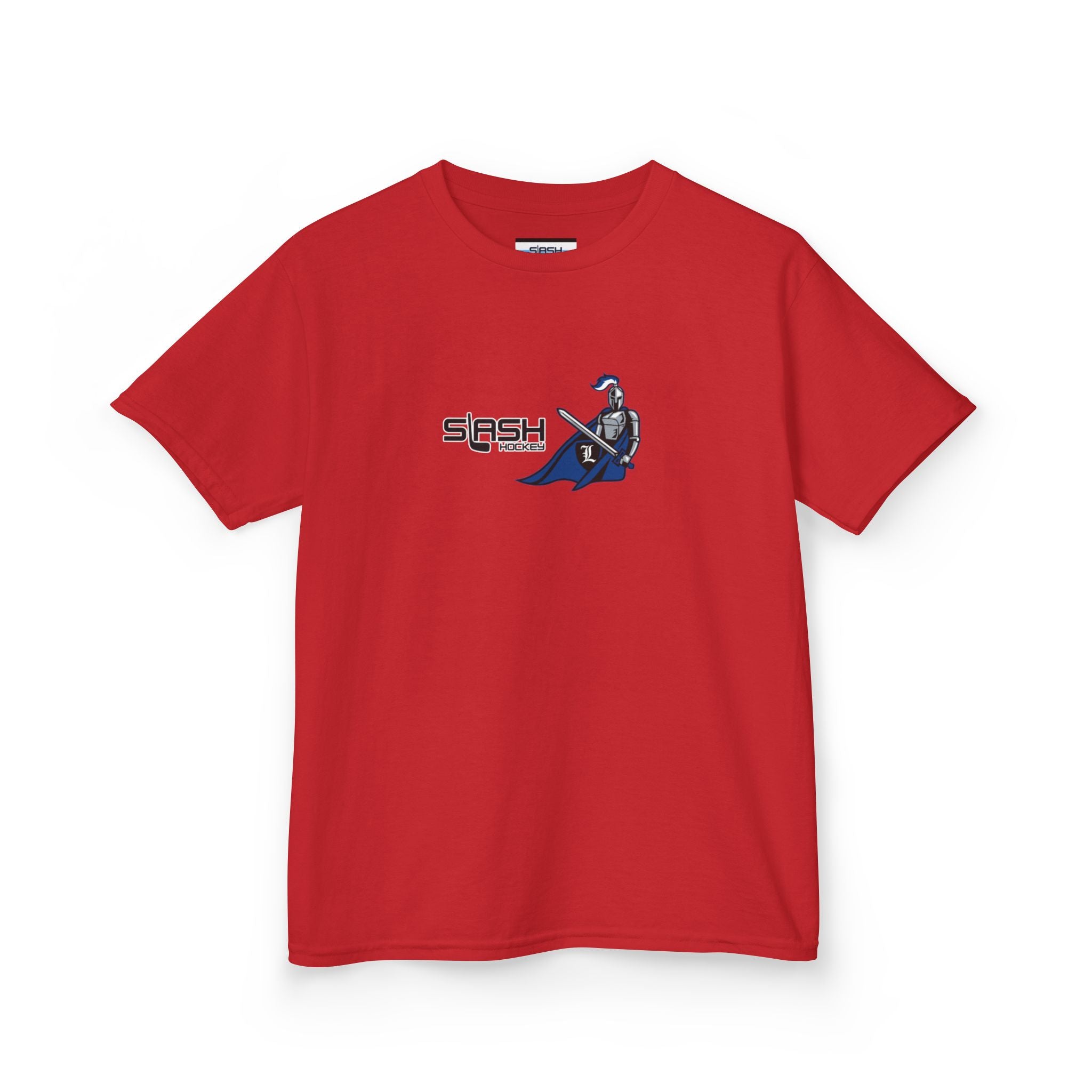 Front view of Livonia Hockey Association youth t-shirt, smaller sizing for kids and young players. Team logo printed on chest, casual athletic fit.
