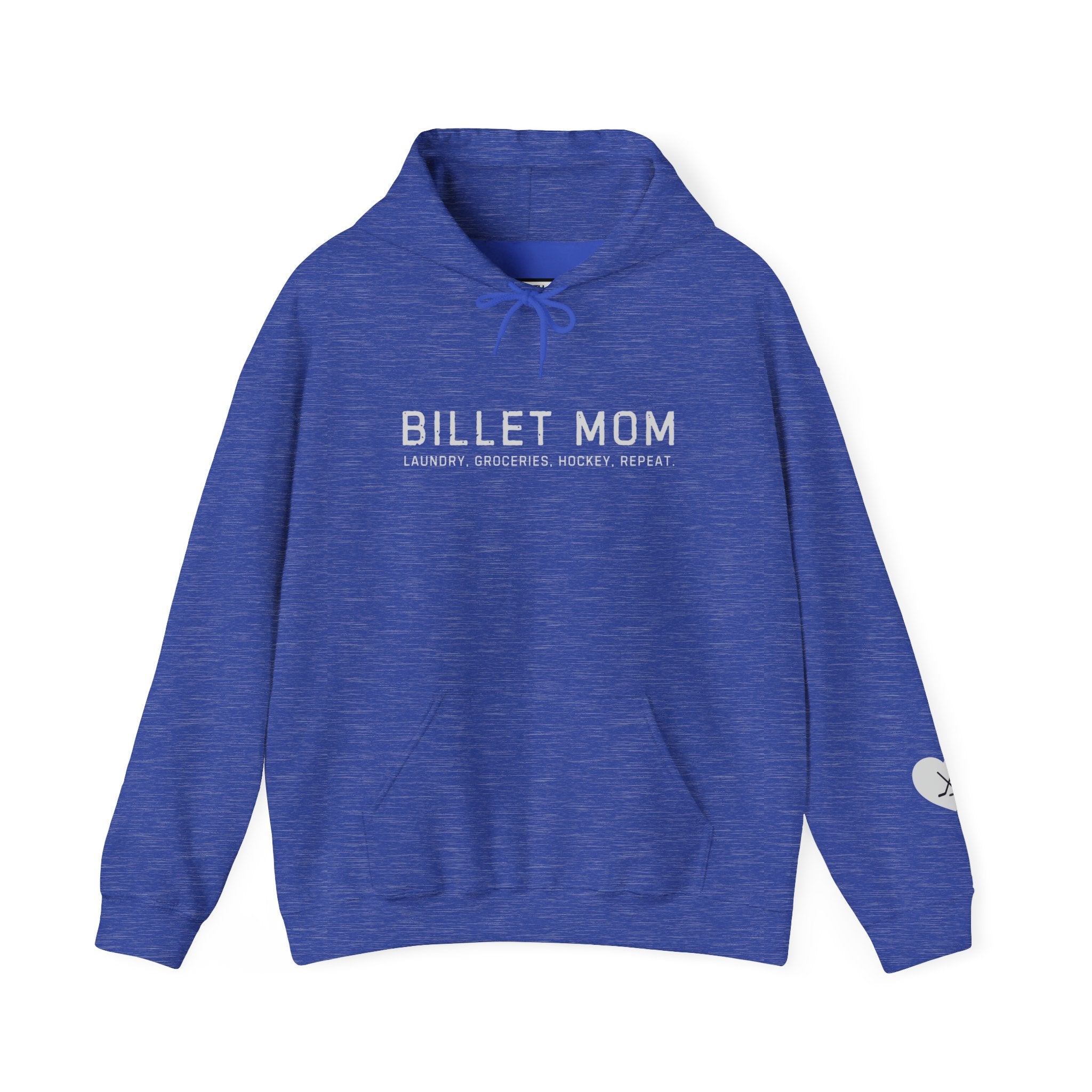 Billet Mom hockey hoodie with “Laundry. Groceries. Hockey. Repeat.” design celebrating junior hockey billet families