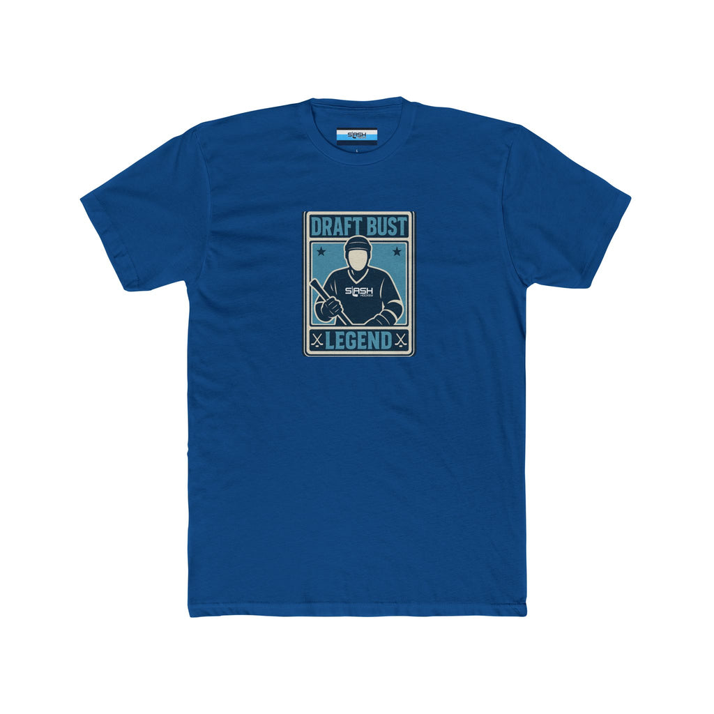Draft Bust Legend hockey t-shirt — front view featuring a vintage-style hockey card graphic with blank player face, navy, sky blue, and white print on premium cotton tee.