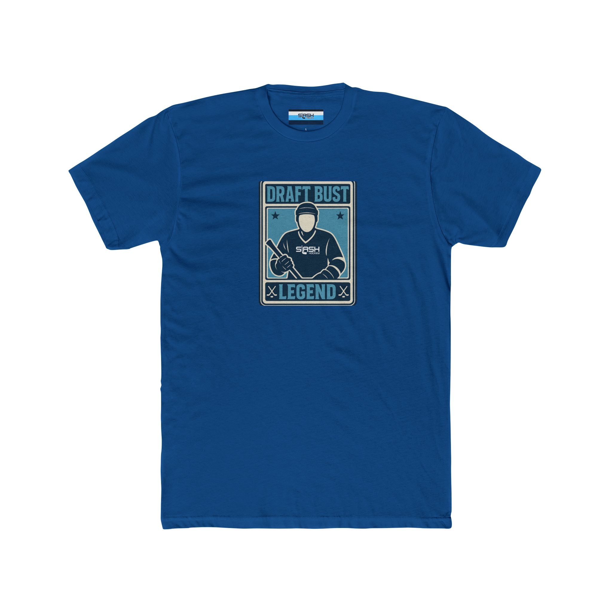 Draft Bust Legend hockey t-shirt — front view featuring a vintage-style hockey card graphic with blank player face, navy, sky blue, and white print on premium cotton tee.