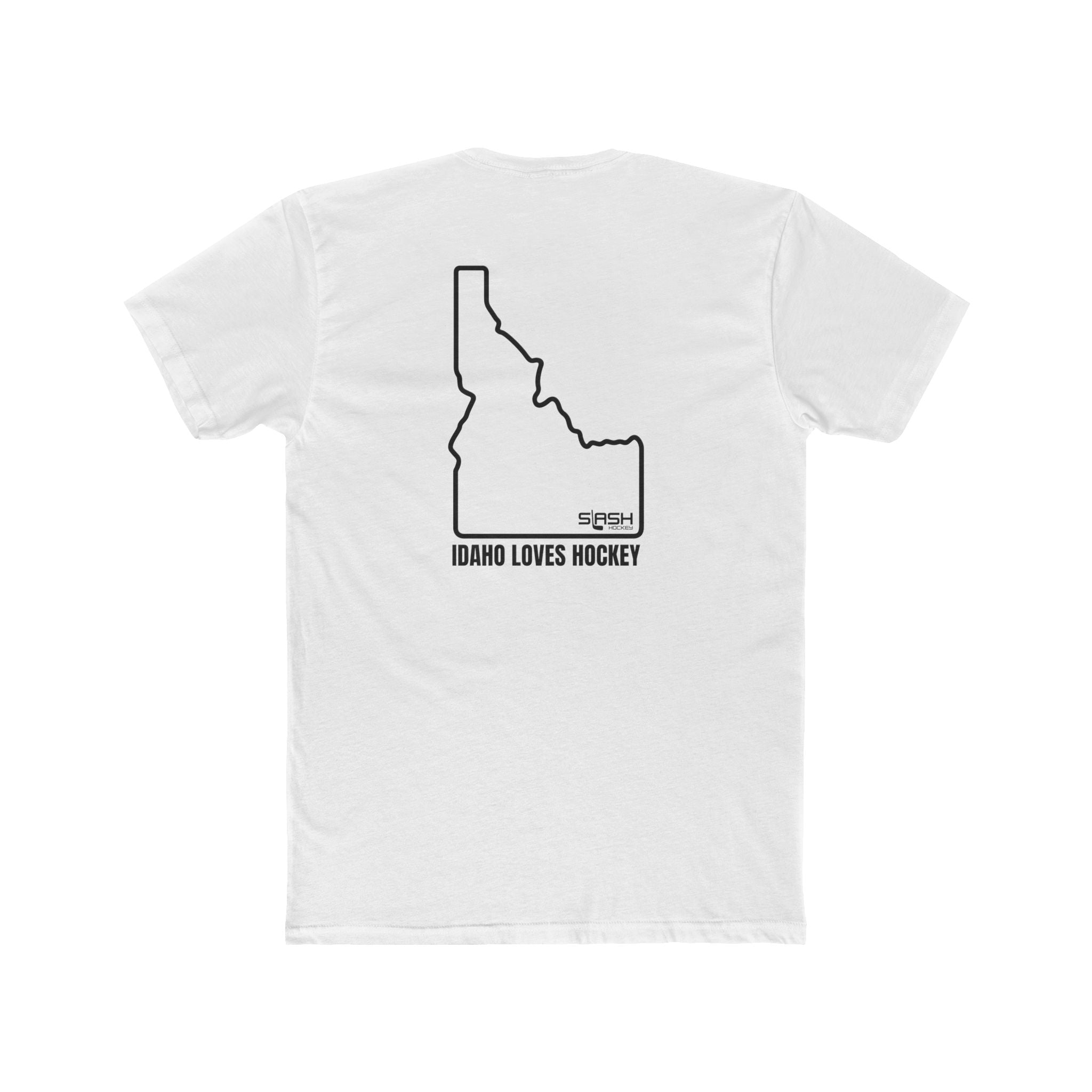 Back view of the Idaho Loves Hockey t-shirt showing the state of Idaho, Idaho Loves Hockey, and the Slash Hockey logo. 