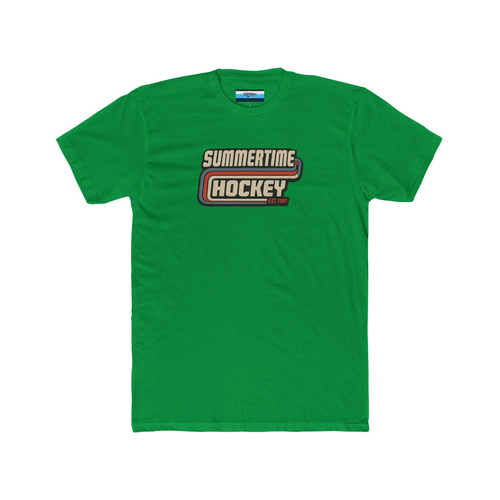 Front of the Summertime Hockey t-shirt featuring a vintage retro hockey graphic with distressed lettering and classic athletic stripes inspired by 1980s hockey apparel.