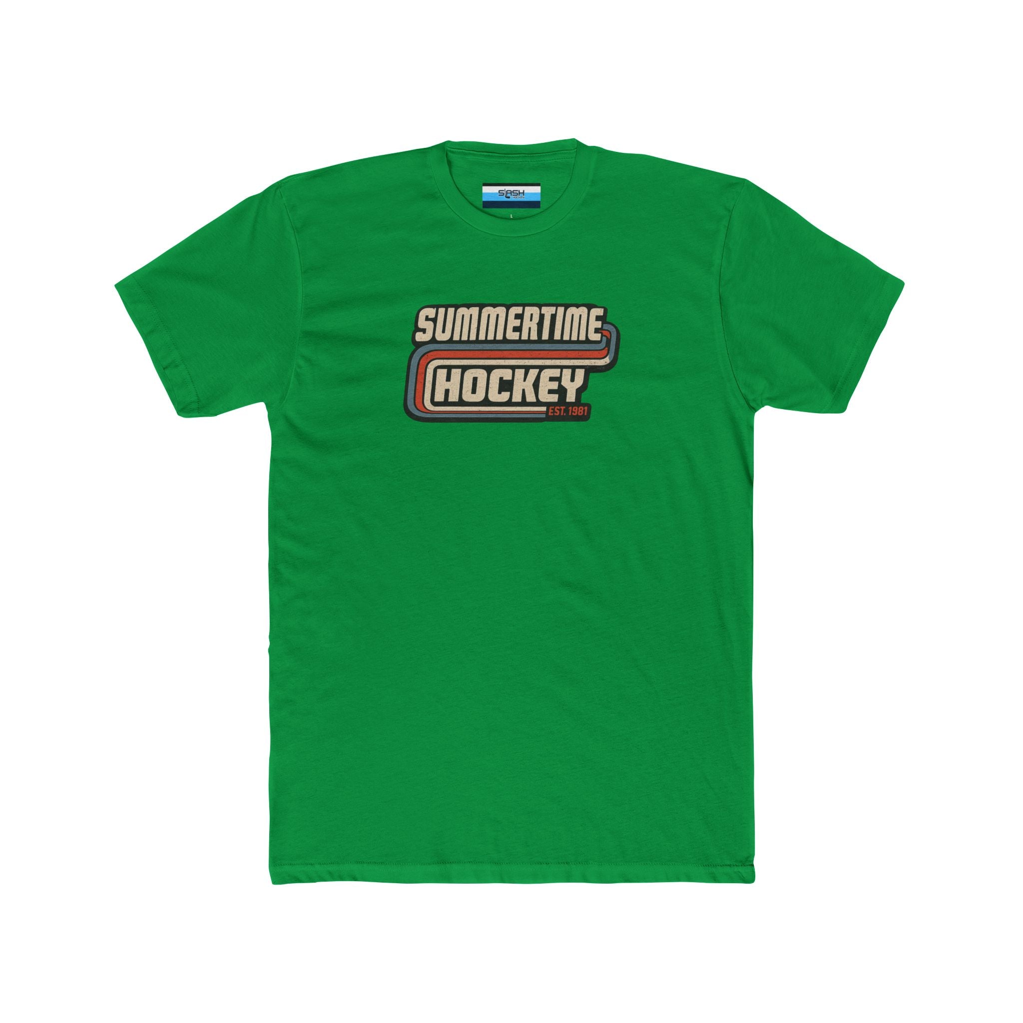 Front of the Summertime Hockey t-shirt featuring a vintage retro hockey graphic with distressed lettering and classic athletic stripes inspired by 1980s hockey apparel.