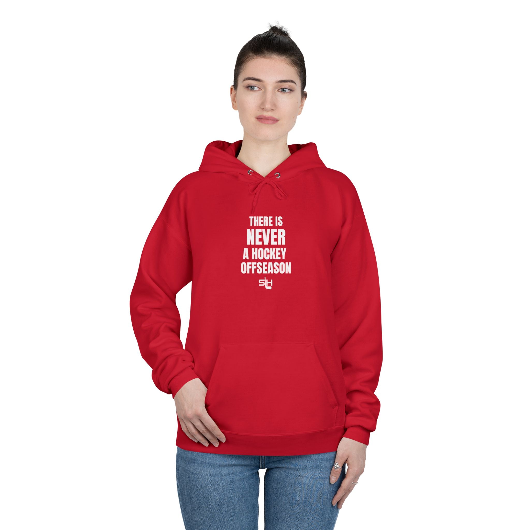 Female hockey fan in navy ‘Never a Hockey Offseason’ hoodie by Slash Hockey, cozy everyday look.