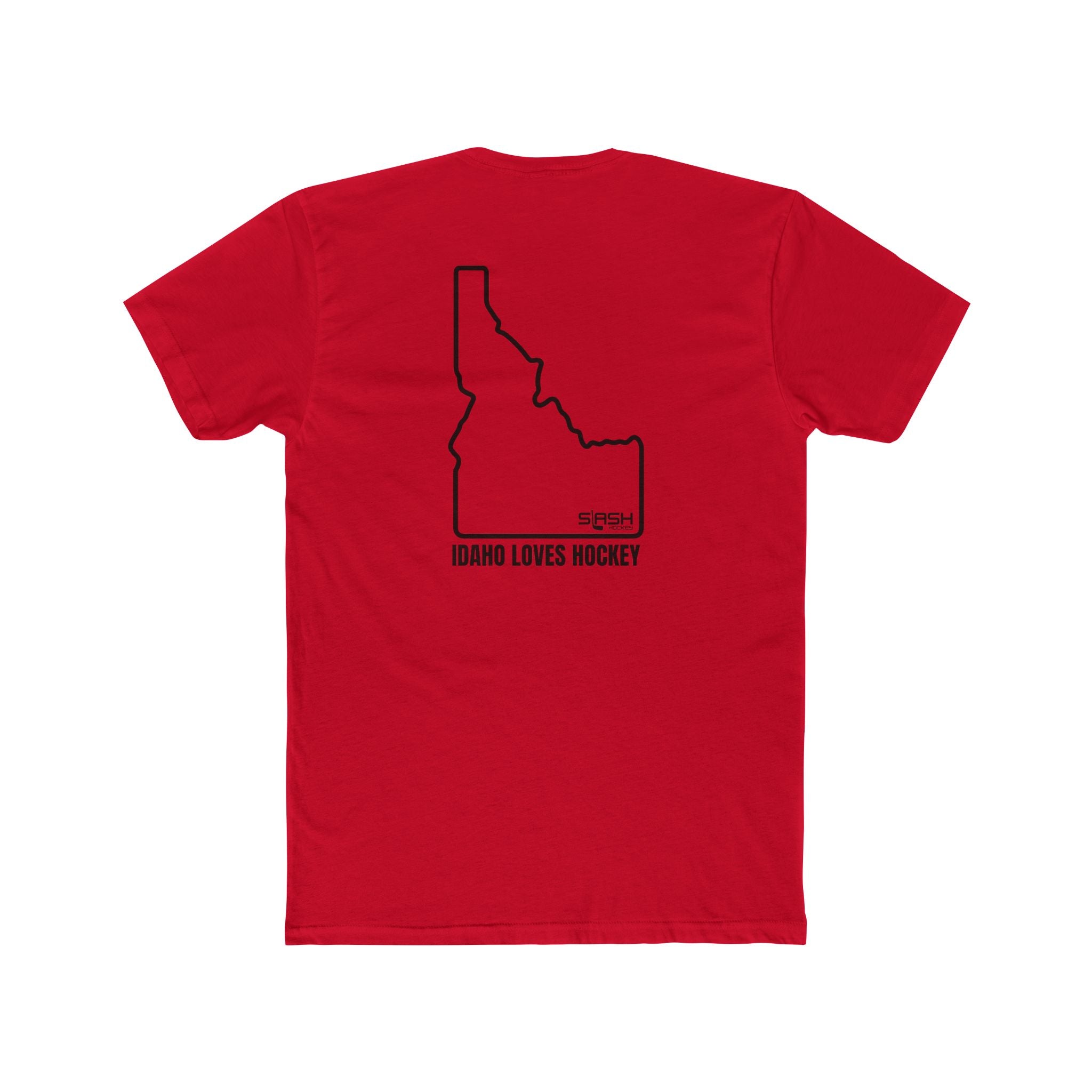 Back view of the Idaho Loves Hockey t-shirt showing the state of Idaho, Idaho Loves Hockey, and the Slash Hockey logo. 