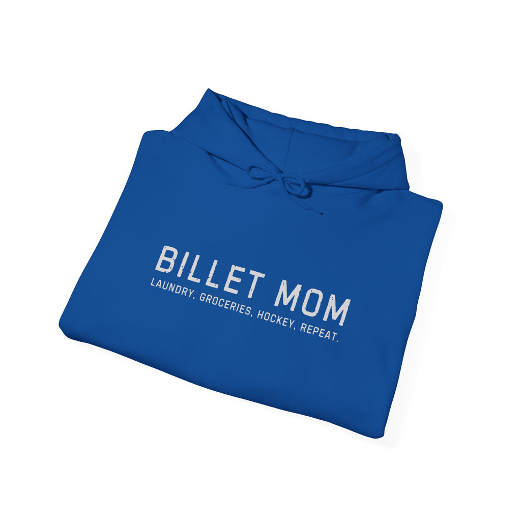 Folded Billet Mom hoodie showing minimalist hockey billet family design