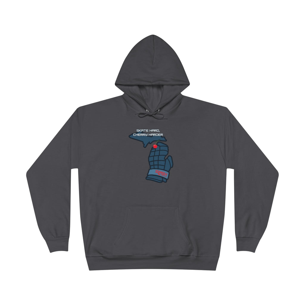 “Cherry Michigan Hockey Hoodie front view — bold graphic featuring Michigan outline with cherry design, printed in navy, sky blue, and white on premium cotton-blend hoodie.”