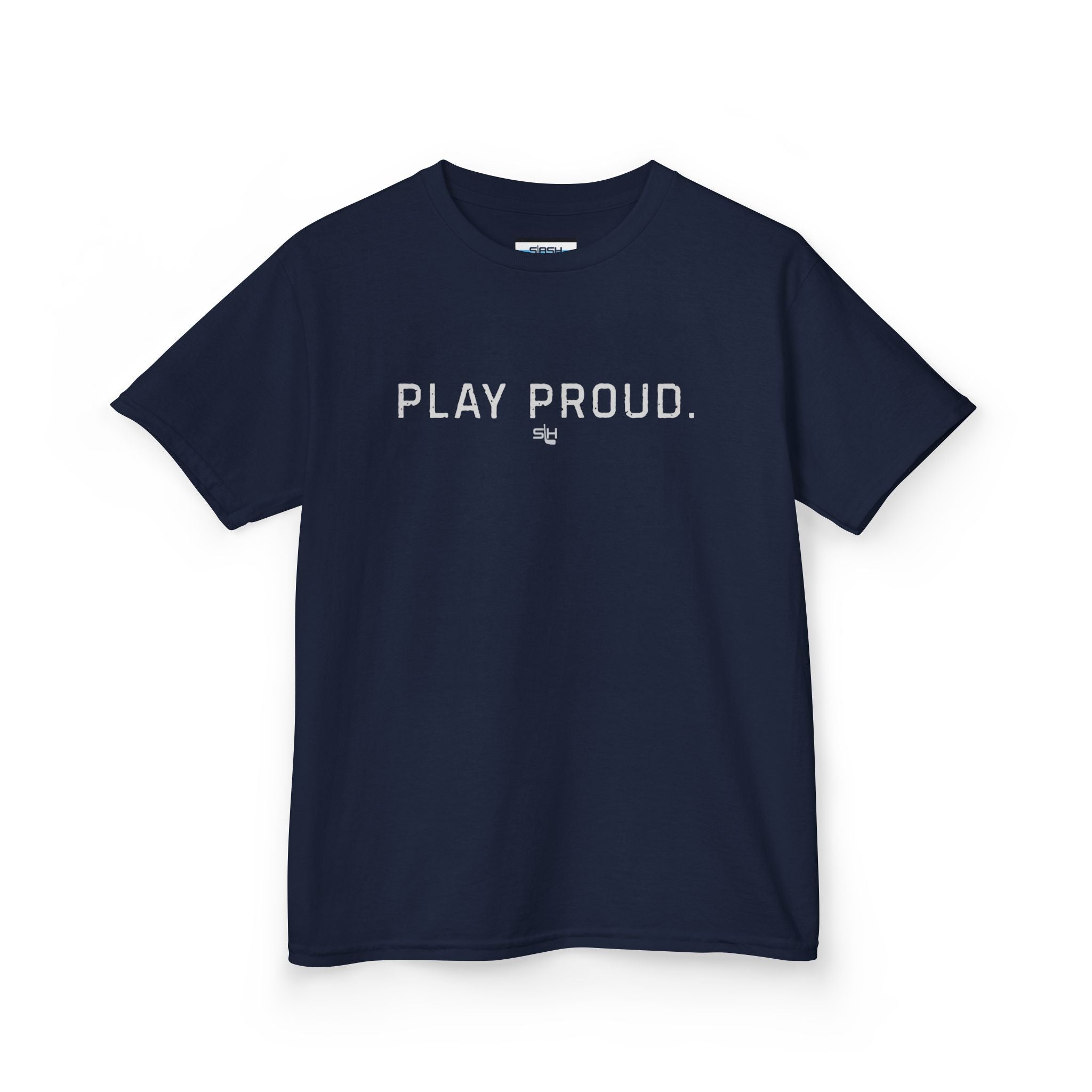 Youth Play Proud hockey tee for kids featuring minimalist “Play Proud” text design celebrating youth hockey pride and sportsmanship