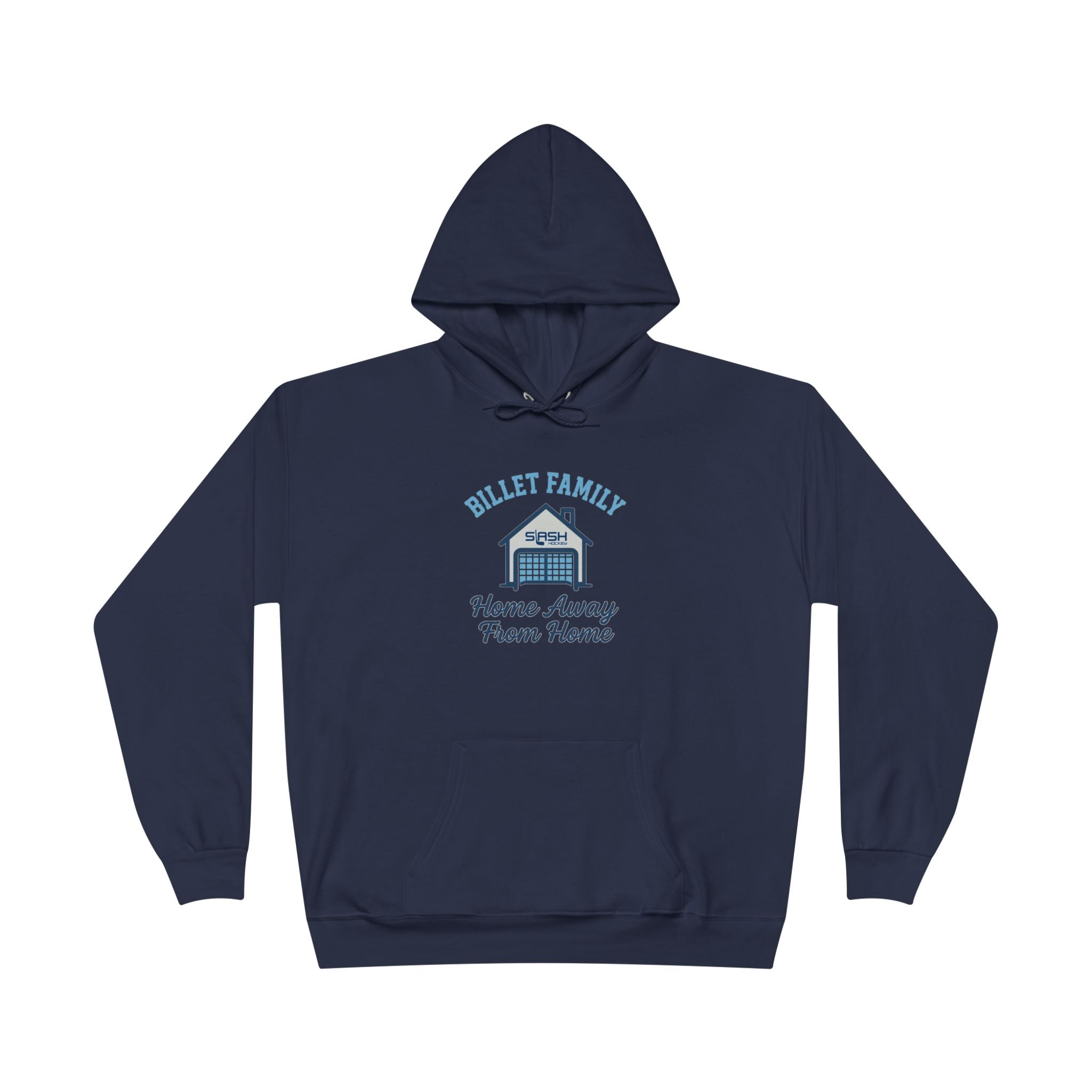 “Billet Family hockey hoodie front view — bold text design celebrating billet families, printed in navy, sky blue, and white on a premium cotton-blend hoodie.”