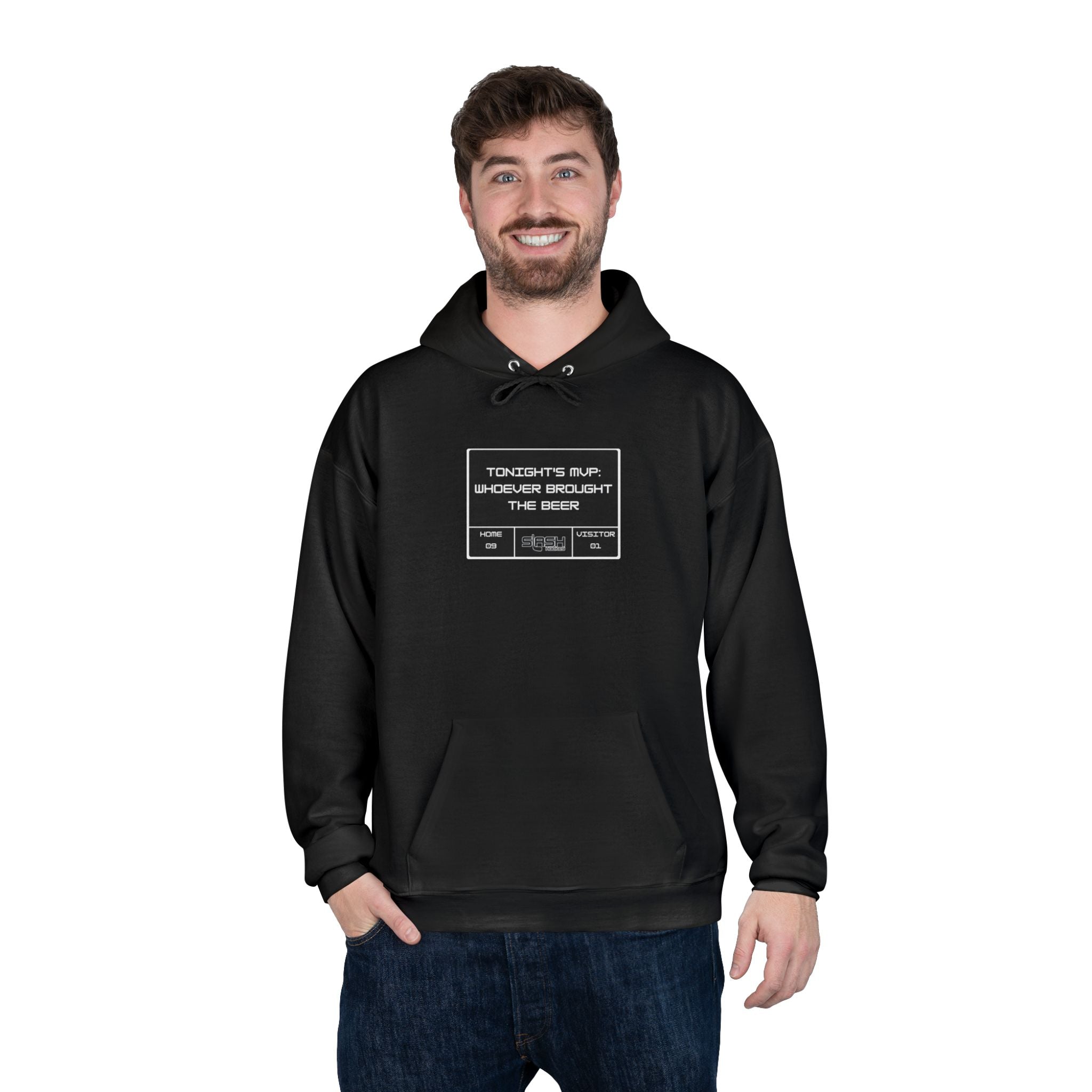 “Tonight’s MVP Hockey Hoodie lifestyle photo — model wearing hockey culture hoodie with Tonight’s MVP text design, casual fit for rink, travel, or everyday wear.”