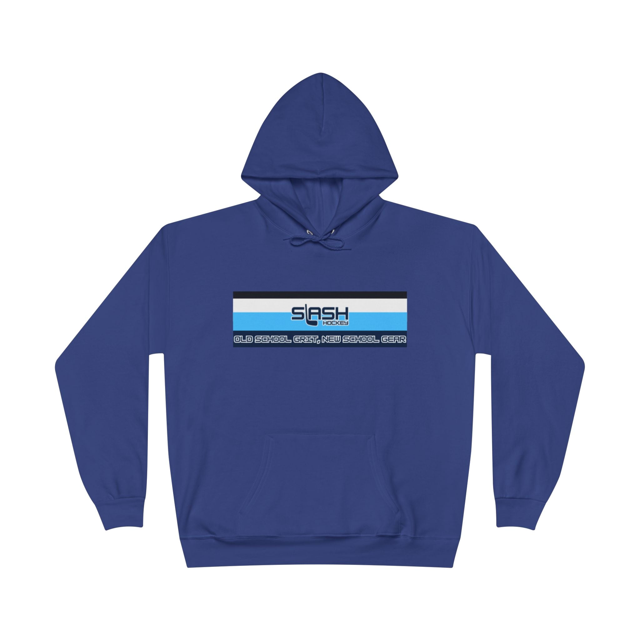 “Slash Hockey Hoodie front view — bold text and hockey stick logo design in navy, sky blue, and white, printed on premium cotton-blend hoodie.”