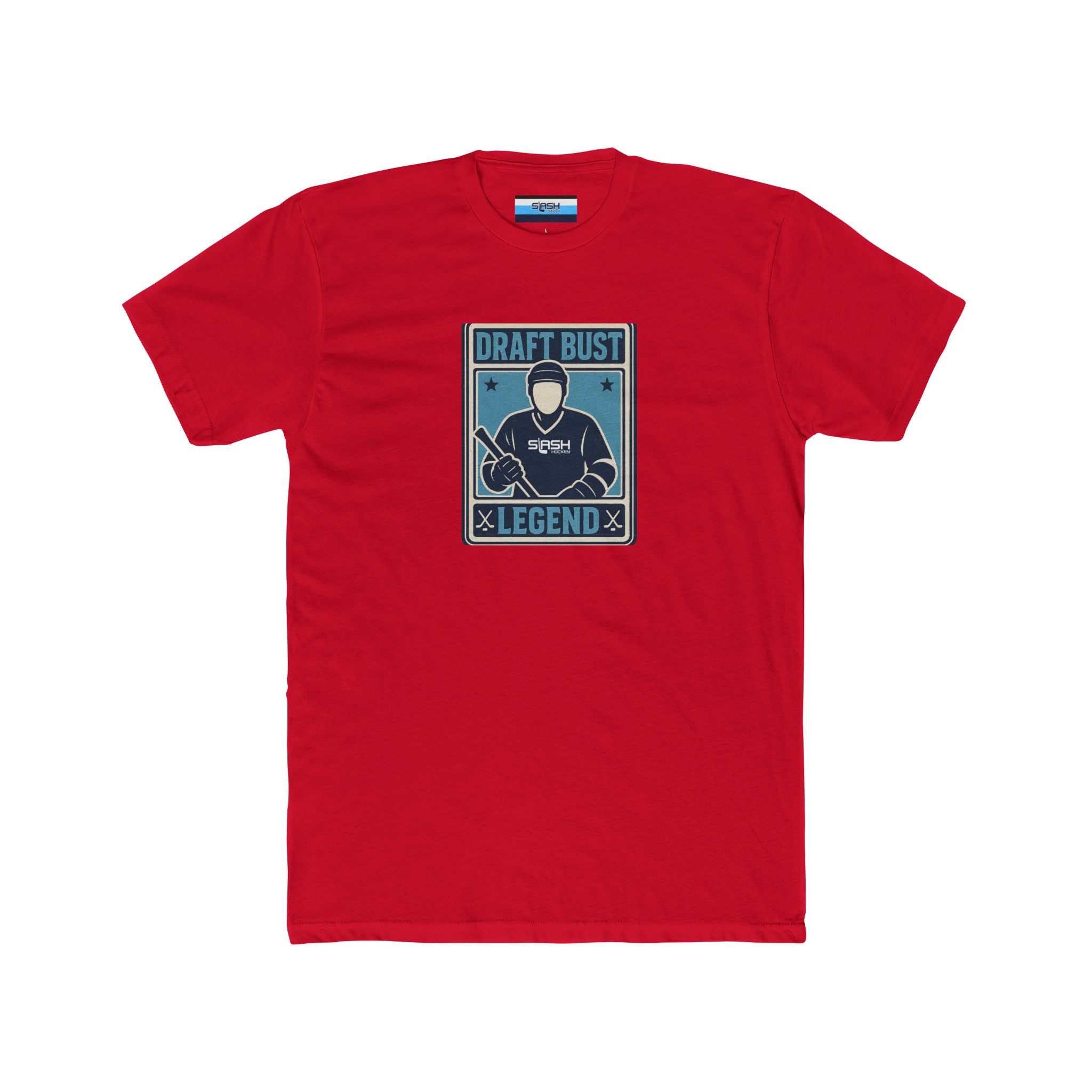 Draft Bust Legend hockey t-shirt — front view featuring a vintage-style hockey card graphic with blank player face, navy, sky blue, and white print on premium cotton tee.