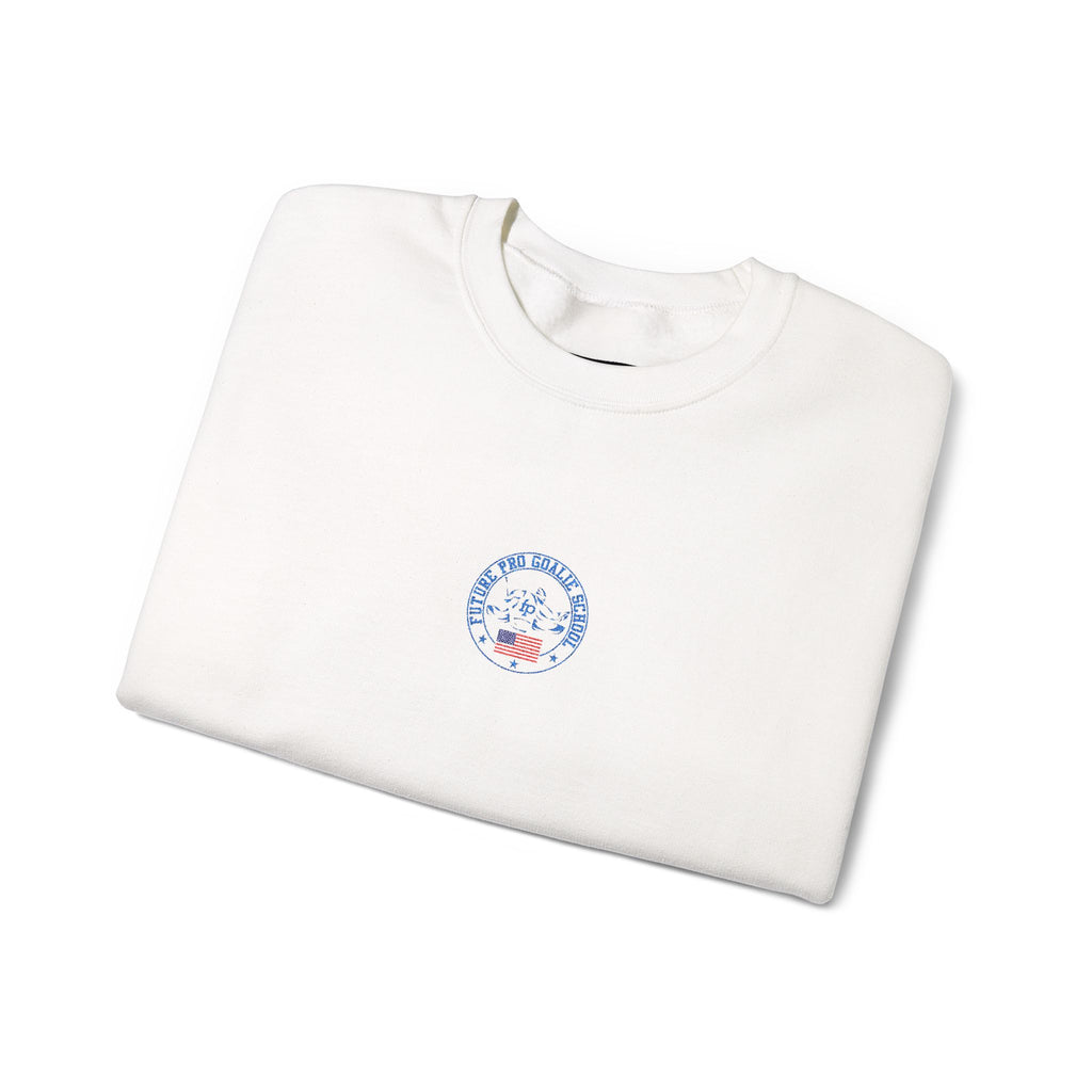 Folded white Future Pro USA Goalie School Crewneck with the embroidered left-chest emblem visible.