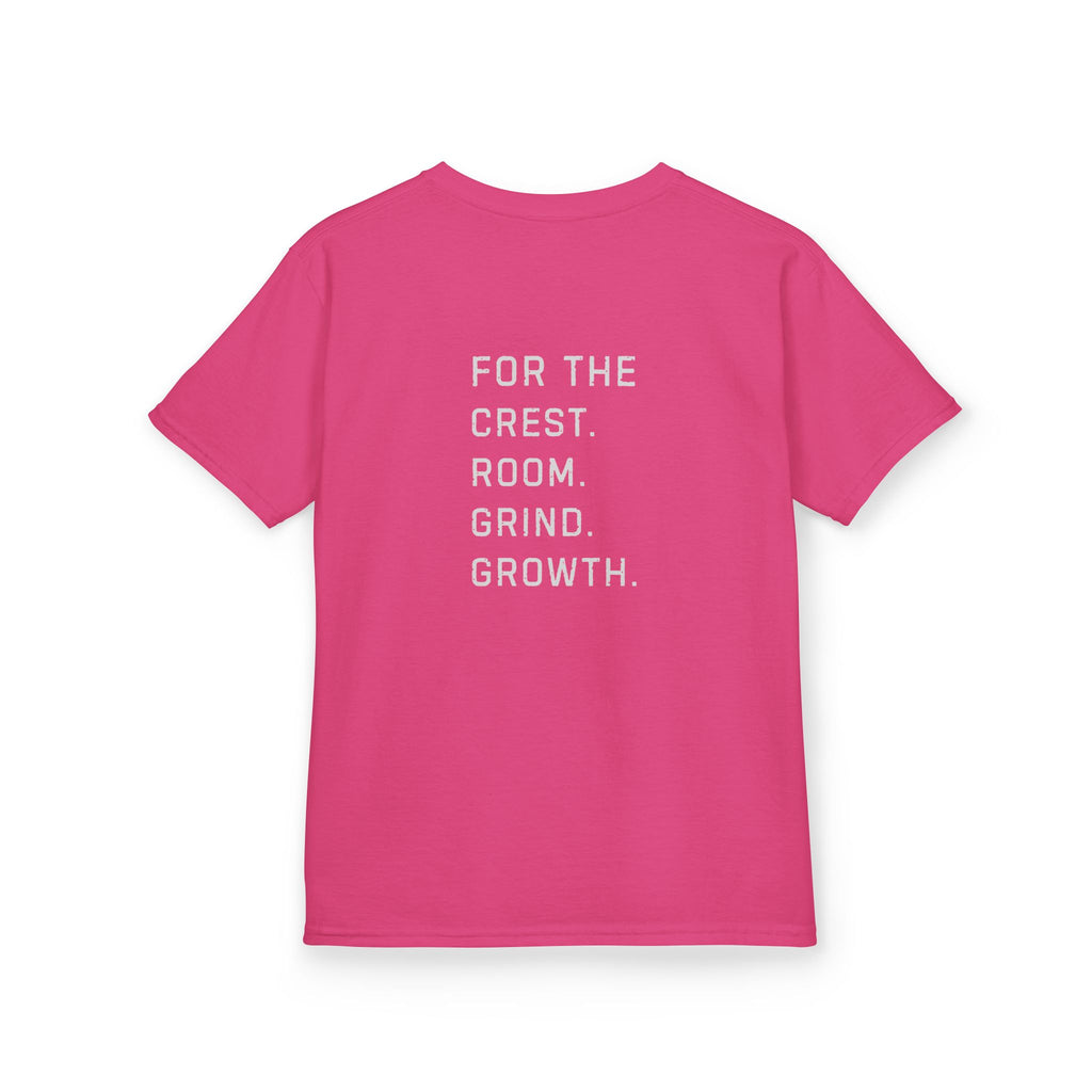 Youth hockey t-shirt back design featuring “For the crest. For the rink. For the grind. For the growth.” message for young hockey players