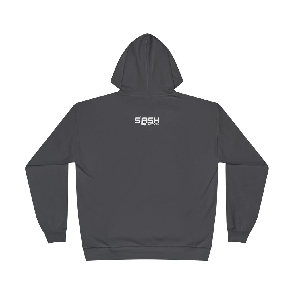“Back view of navy hoodie, plain design with hood and pouch pocket.”