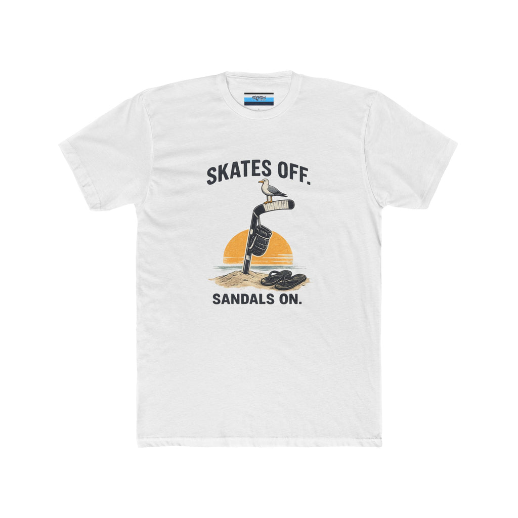 Front view of the Skates Off. Sandals On. hockey t-shirt featuring a vintage beach-inspired graphic with a hockey stick planted in the sand, a hockey glove hanging from the shaft, a seagull perched on the blade, flip-flops resting nearby, and a sunset backdrop. Bold text reads "SKATES OFF." above the design and "SANDALS ON." below.