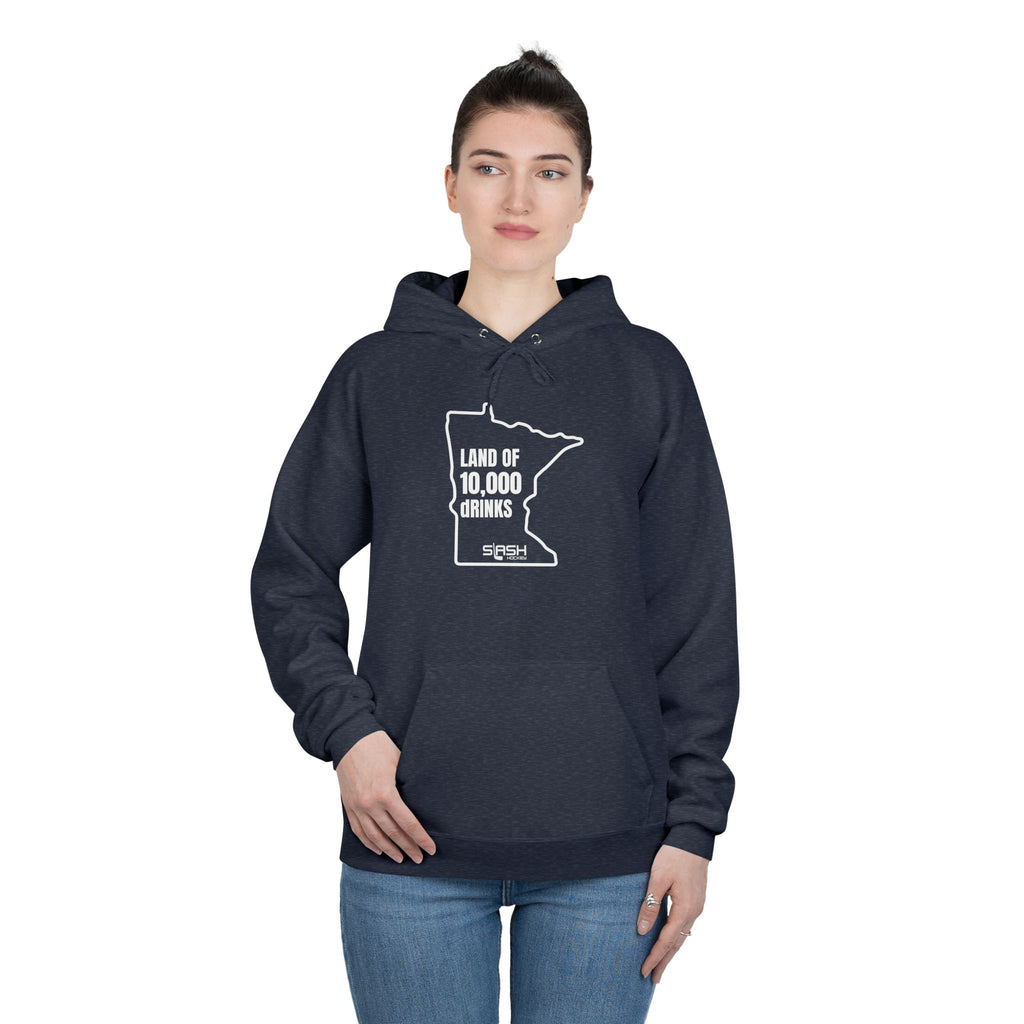 Female model in “Land of 10,000 dRINKS” hoodie, casual Minnesota hockey look for everyday wear and beer league culture.
