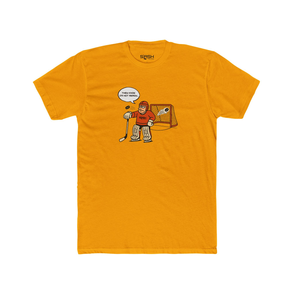 Mad Goalie Tee front view — bold goalie-inspired graphic in Slash Hockey brand colors. Unisex short-sleeve t-shirt displayed flat, highlighting the front design.