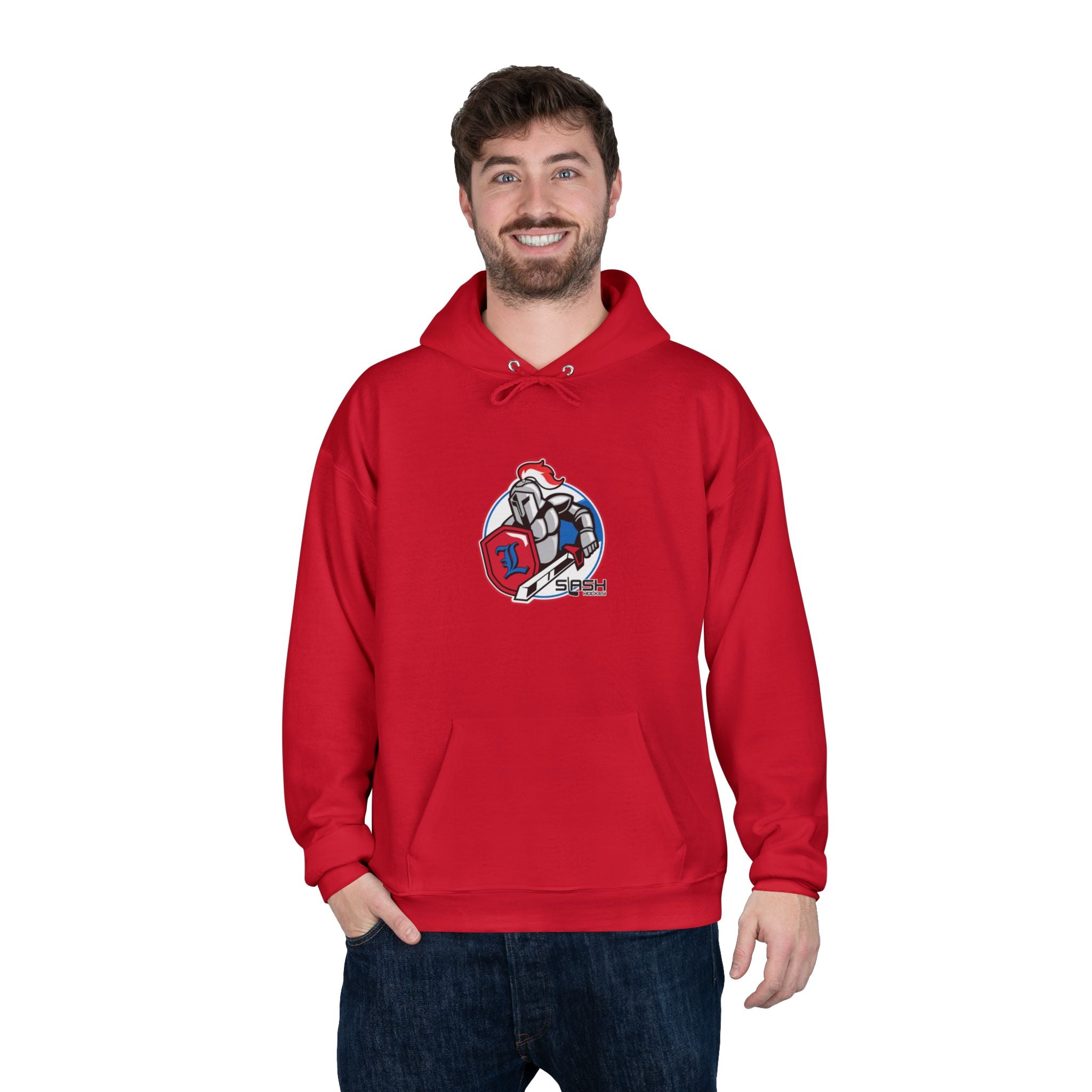 “LHA Hockey Hoodie lifestyle photo — model wearing Livonia Hockey Association hoodie, cozy cotton-blend design for players, parents, and fans on and off the ice.”