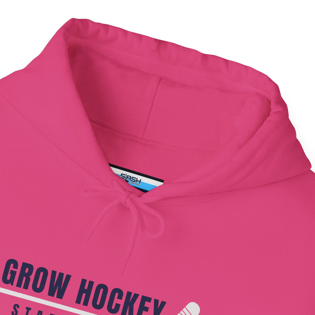 Inside collar tag of Grow Hockey hoodie with Slash Hockey branding and size information.