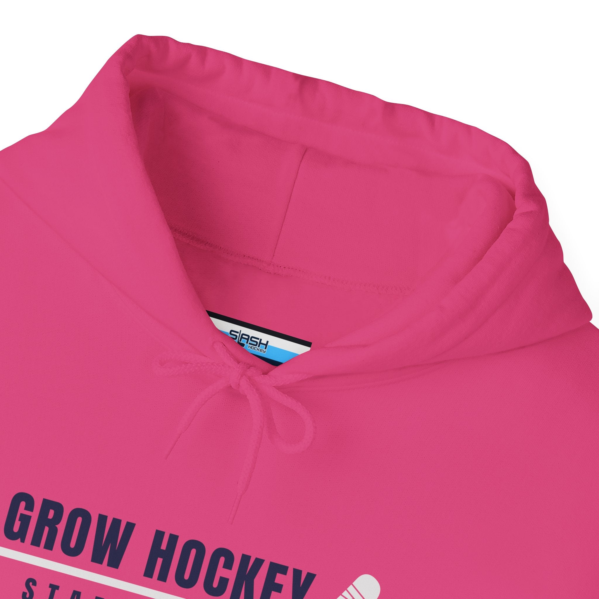 Inside collar tag of Grow Hockey hoodie with Slash Hockey branding and size information.