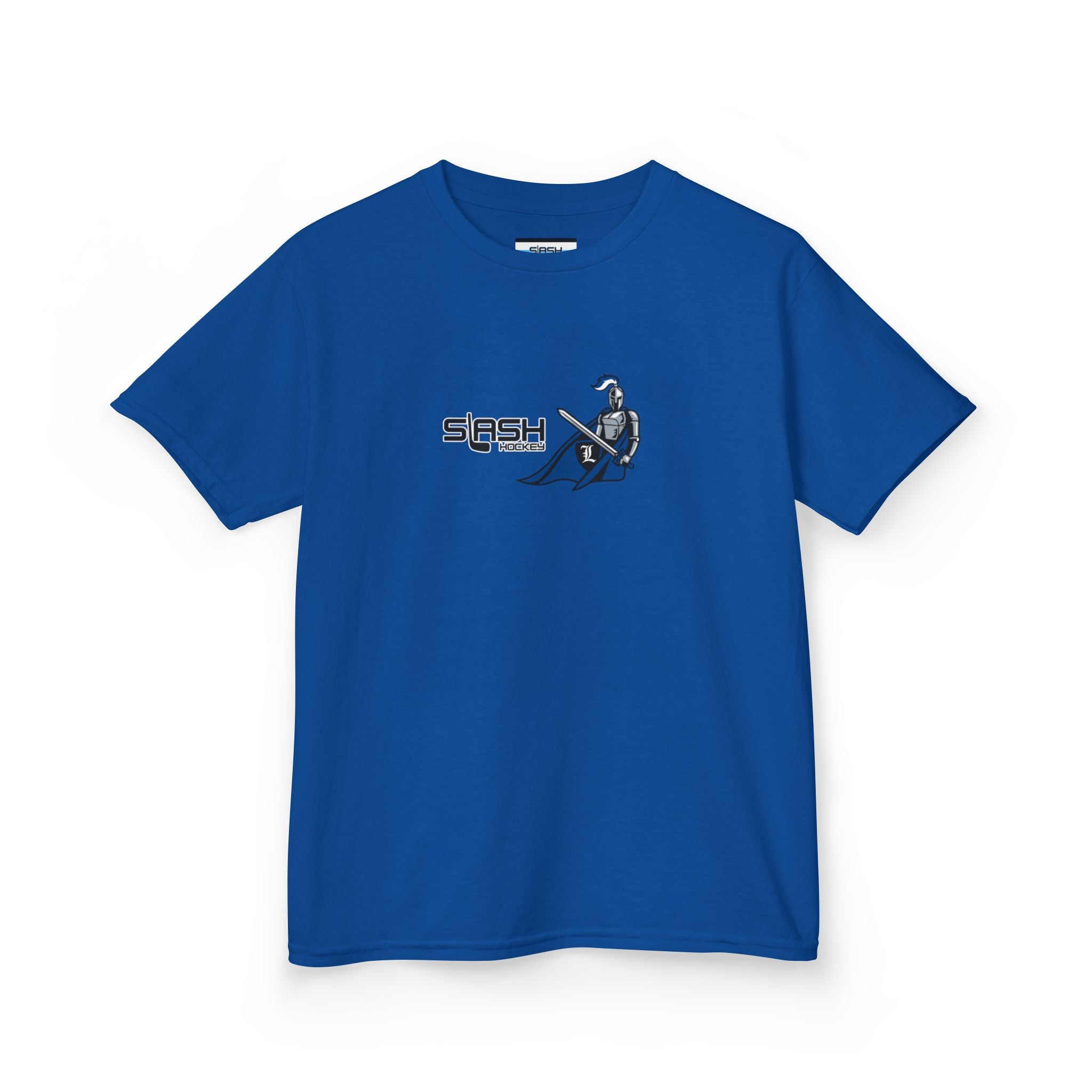 Front view of Livonia Hockey Association youth t-shirt, smaller sizing for kids and young players. Team logo printed on chest, casual athletic fit.