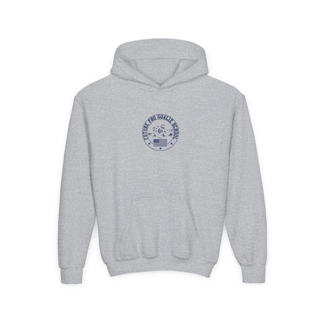 Front view of the grey Youth Future Pro USA Hoodie featuring the bold Future Pro USA graphic and front pouch pocket.