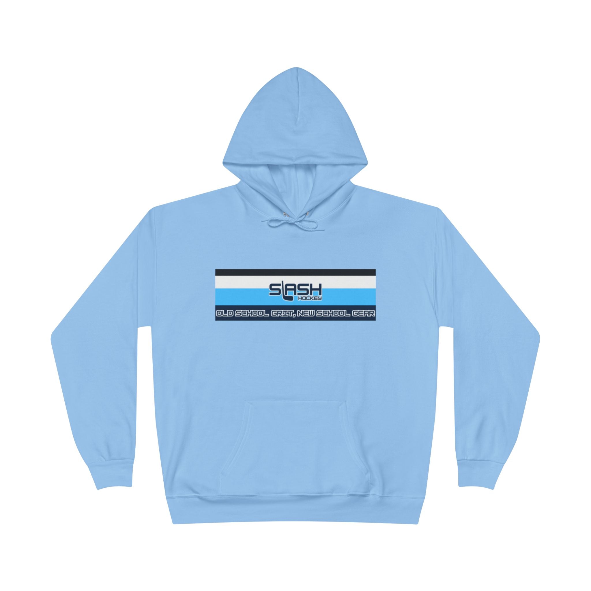 “Slash Hockey Hoodie front view — bold text and hockey stick logo design in navy, sky blue, and white, printed on premium cotton-blend hoodie.”