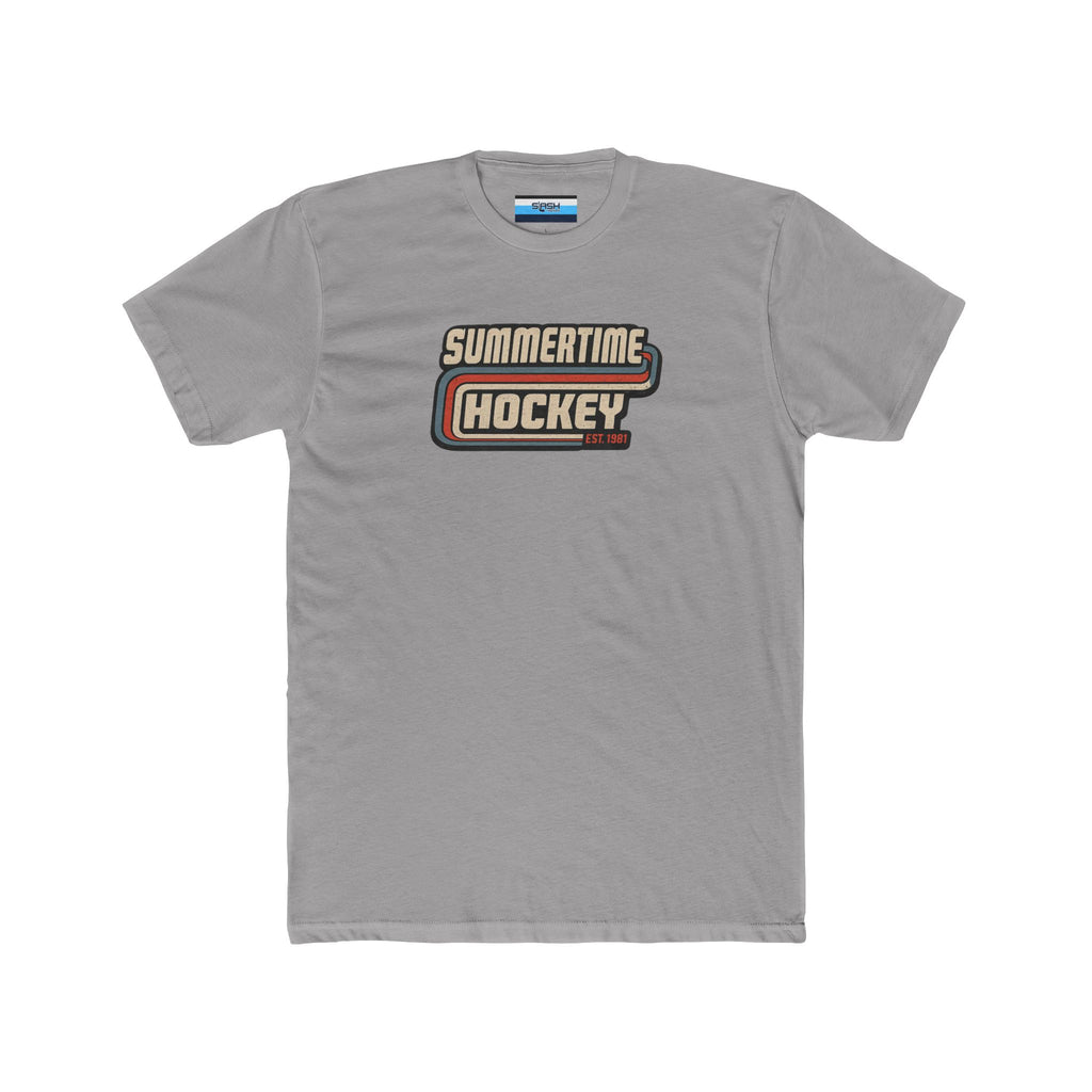 Front of the Summertime Hockey t-shirt featuring a vintage retro hockey graphic with distressed lettering and classic athletic stripes inspired by 1980s hockey apparel.