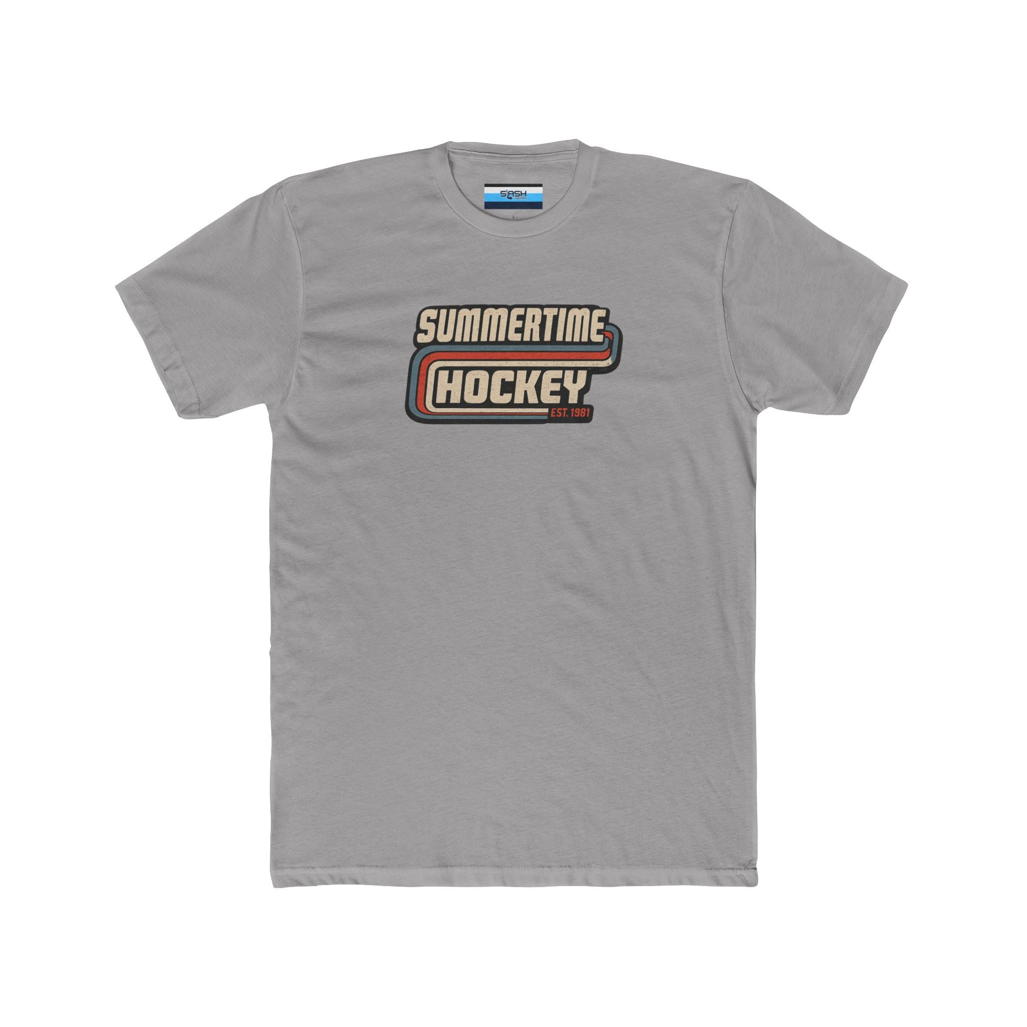 Front of the Summertime Hockey t-shirt featuring a vintage retro hockey graphic with distressed lettering and classic athletic stripes inspired by 1980s hockey apparel.