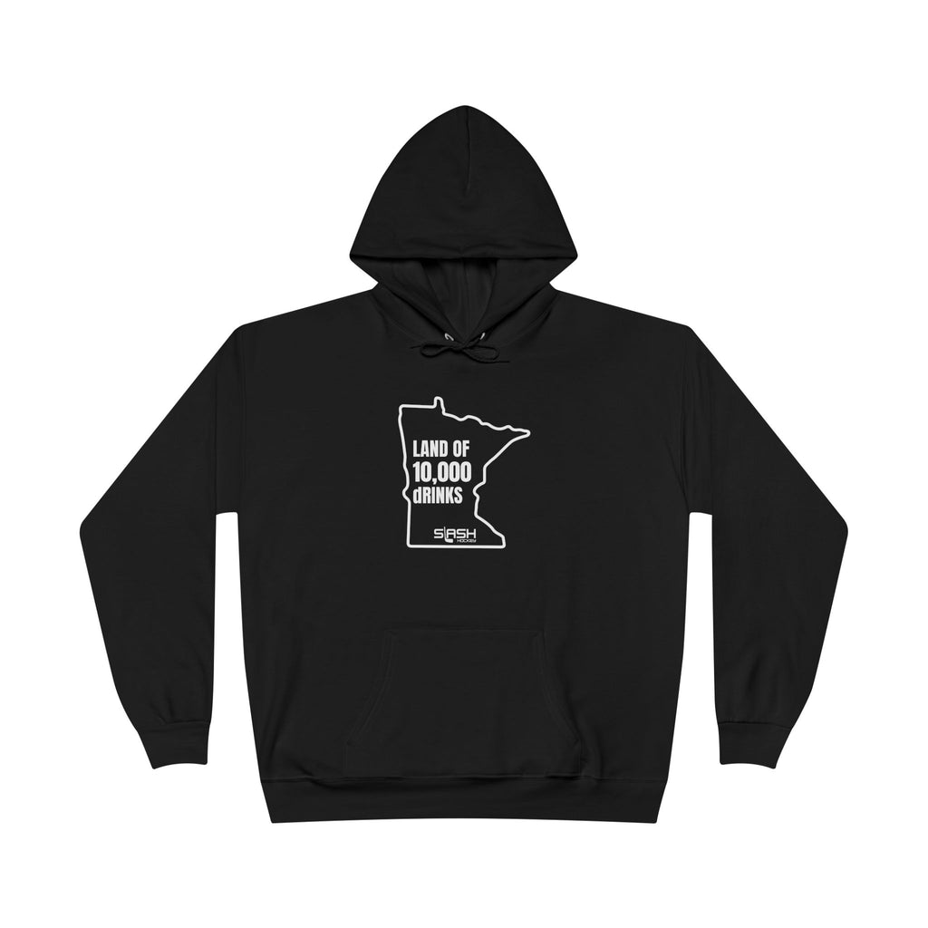 Unisex hoodie with bold “Land of 10,000 dRINKS” slogan, Minnesota hockey-inspired design on chest.
