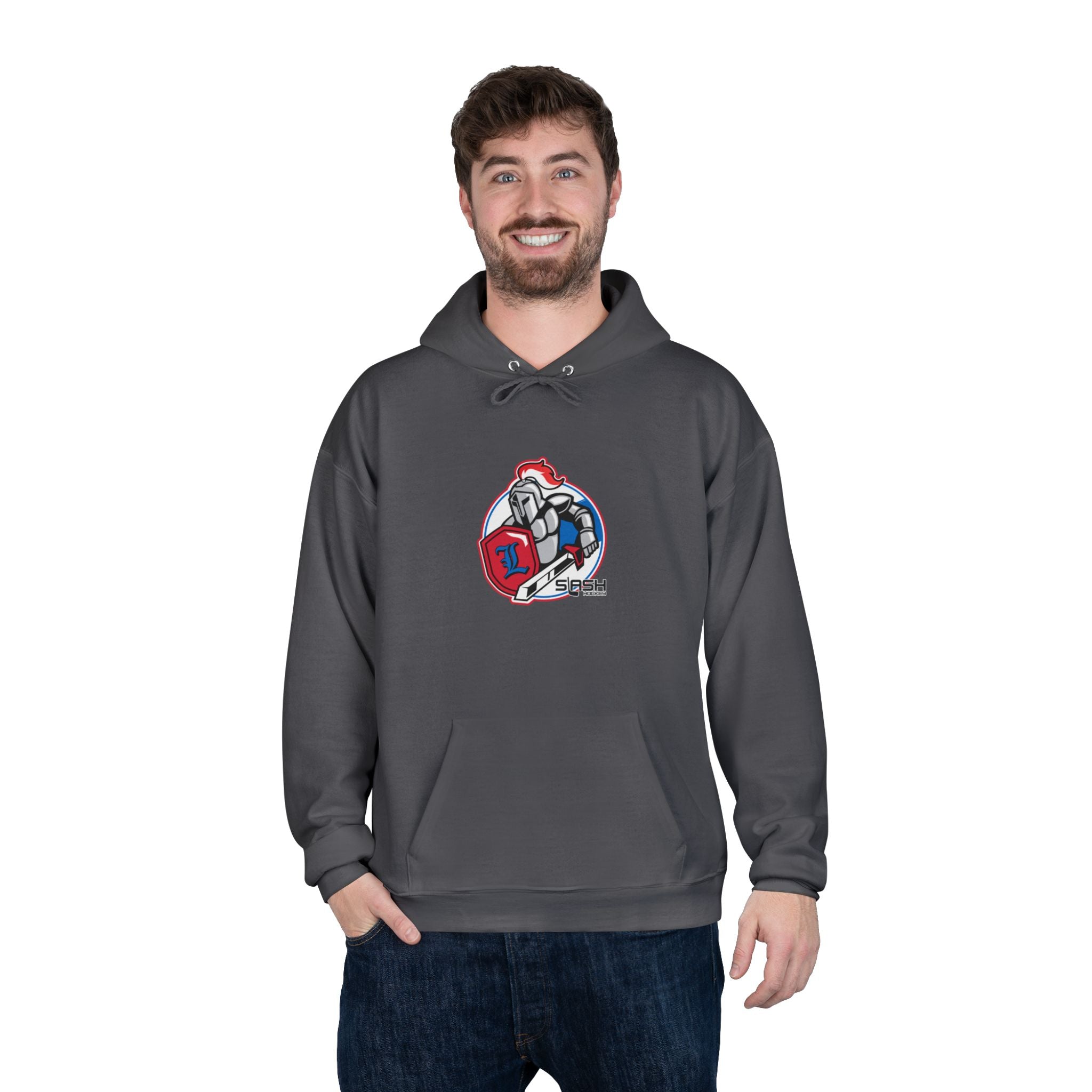 “LHA Hockey Hoodie lifestyle photo — model wearing Livonia Hockey Association hoodie, cozy cotton-blend design for players, parents, and fans on and off the ice.”