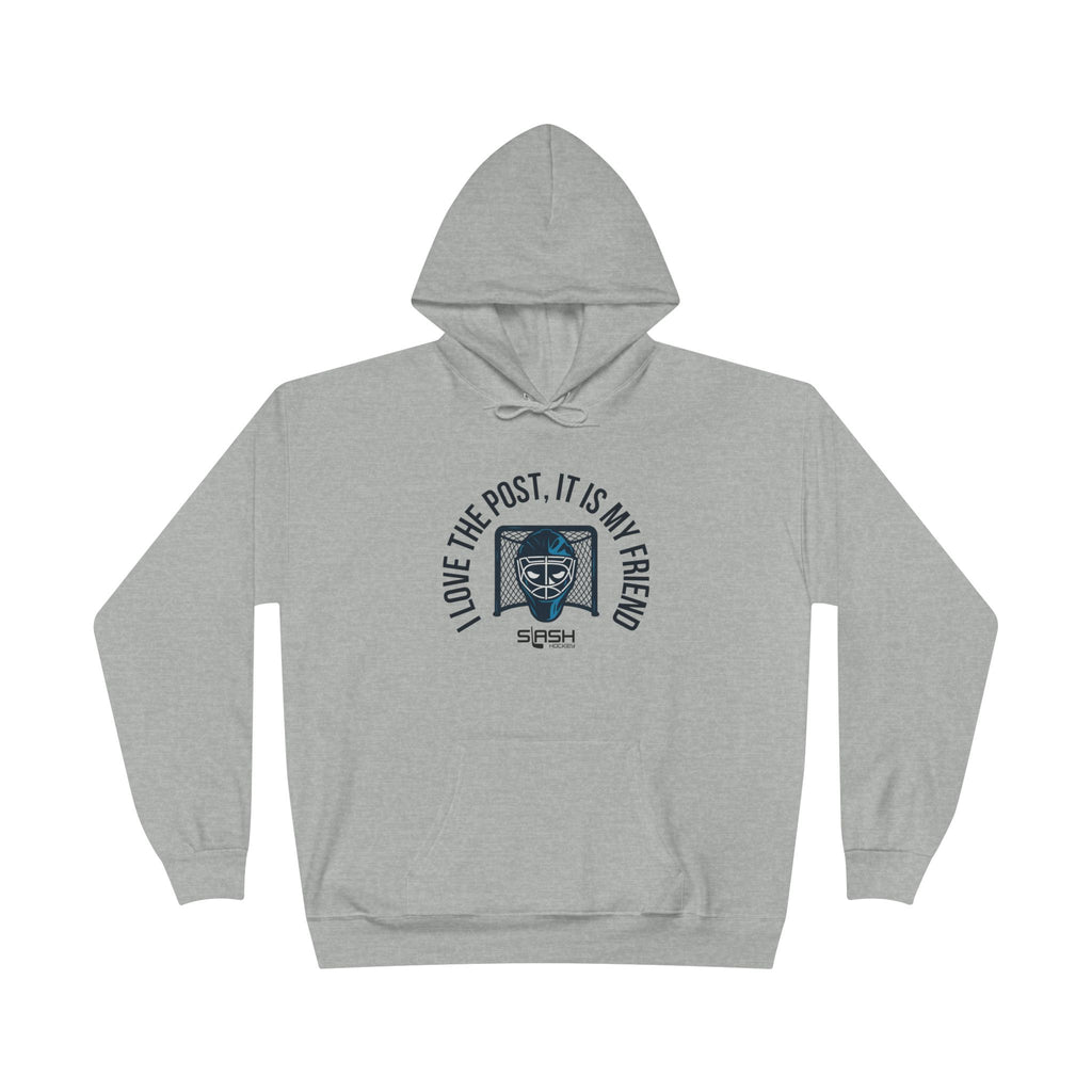 Unisex goalie hoodie in navy with “I love the post, it is my friend” slogan and blended goalie mask/hockey net design on chest.