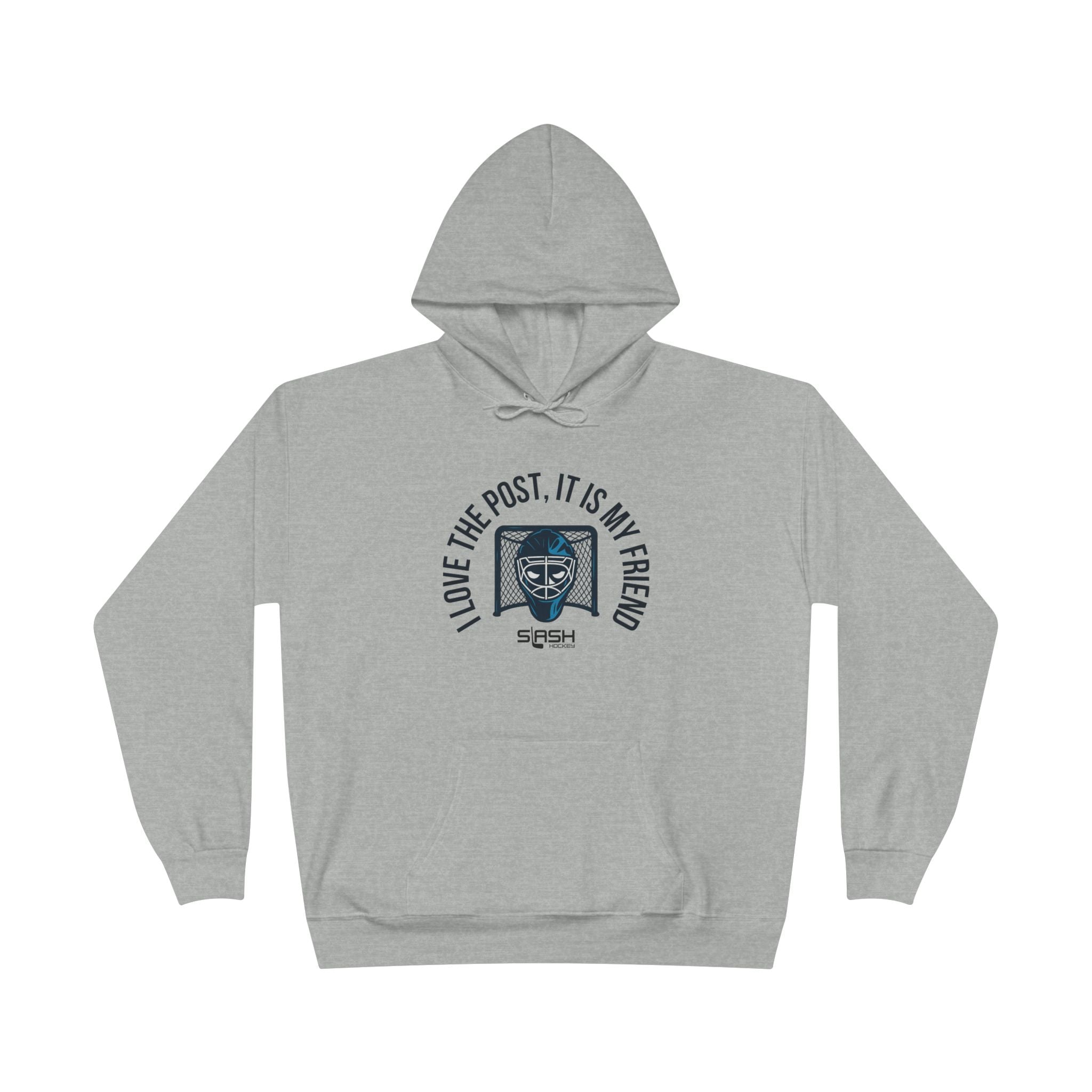 Unisex goalie hoodie in navy with “I love the post, it is my friend” slogan and blended goalie mask/hockey net design on chest.
