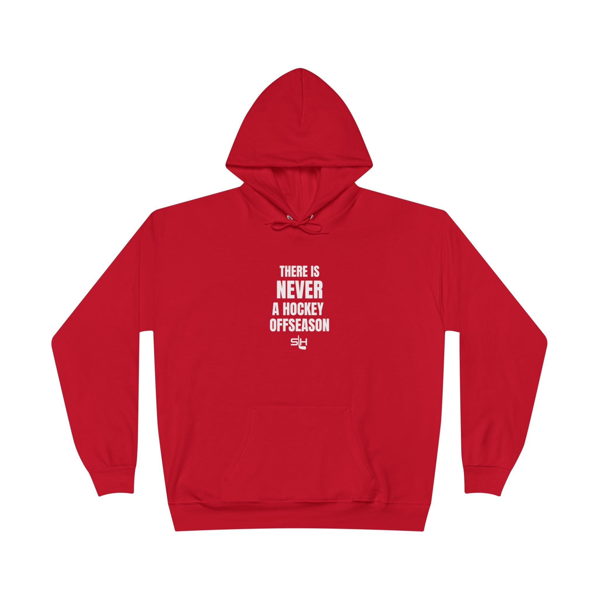 Front view of navy hoodie with bold white text ‘There is Never a Hockey Offseason’ by Slash Hockey.