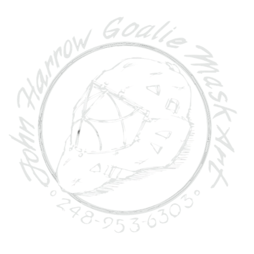 John Harrow Goalie Mask Art logo.  Round white circle with goalie mask in the center. 