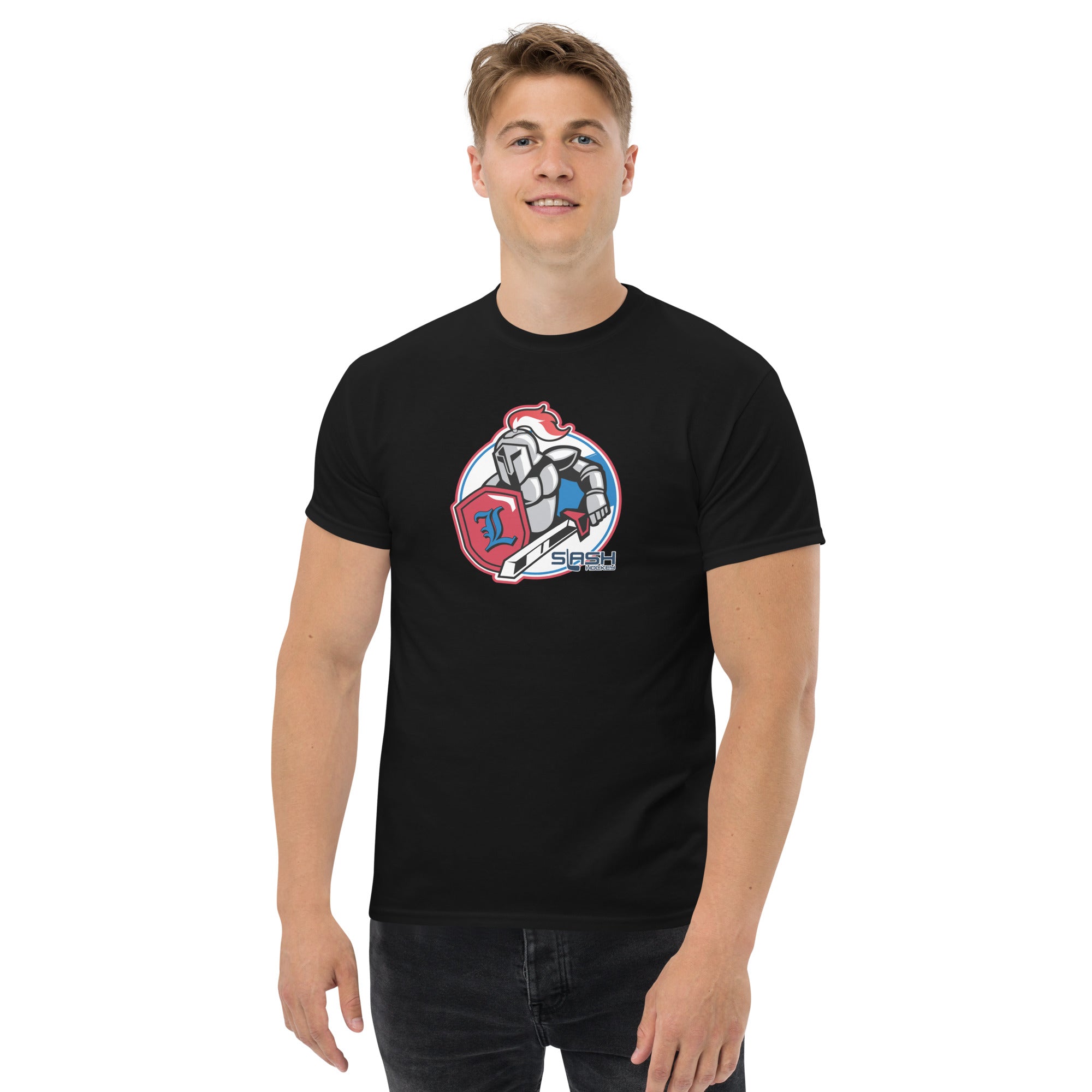 Male model wearing LHA tee, casual hockey-inspired look for players and fans.