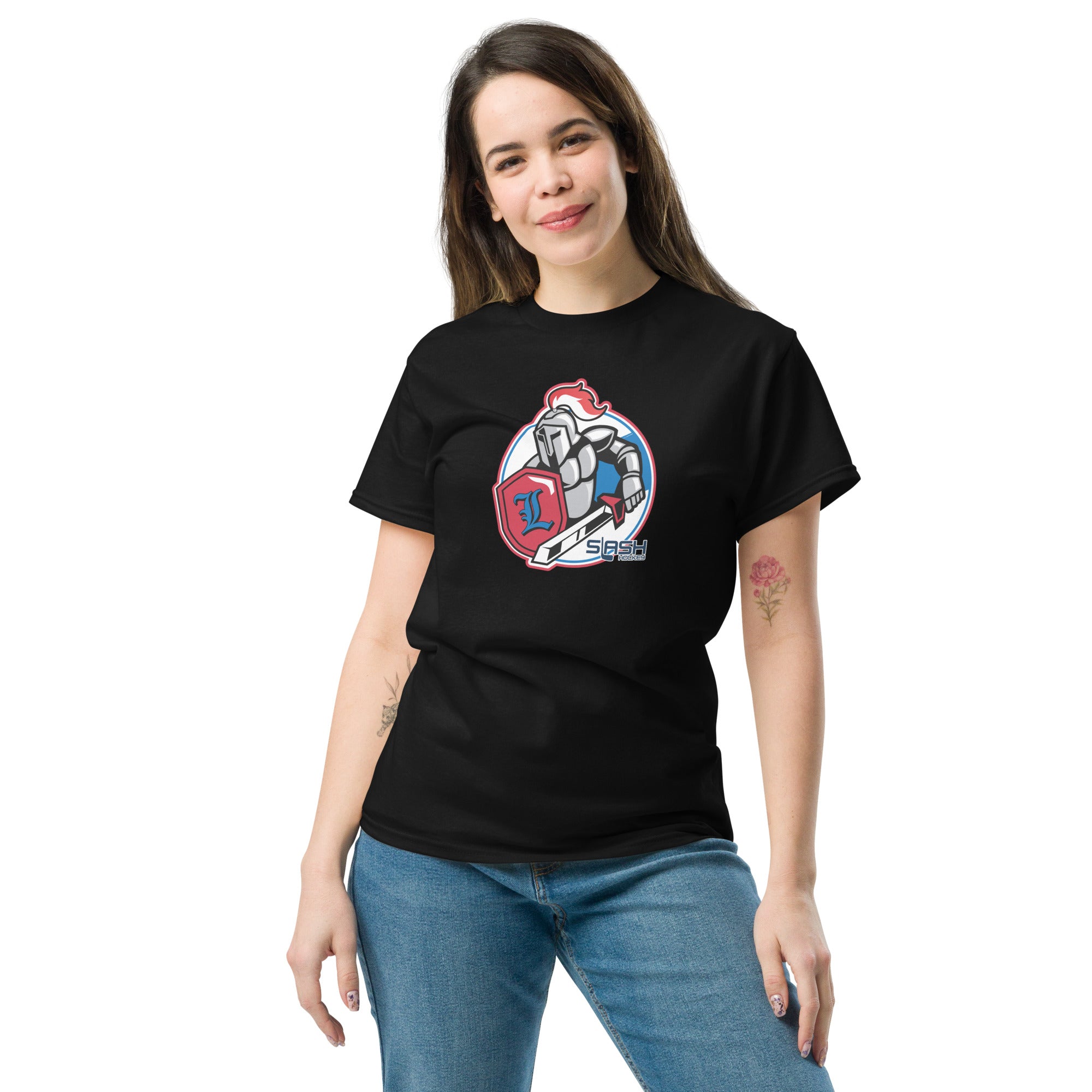 Female model wearing LHA tee, styled casually to show Livonia Hockey pride on and off the rink.