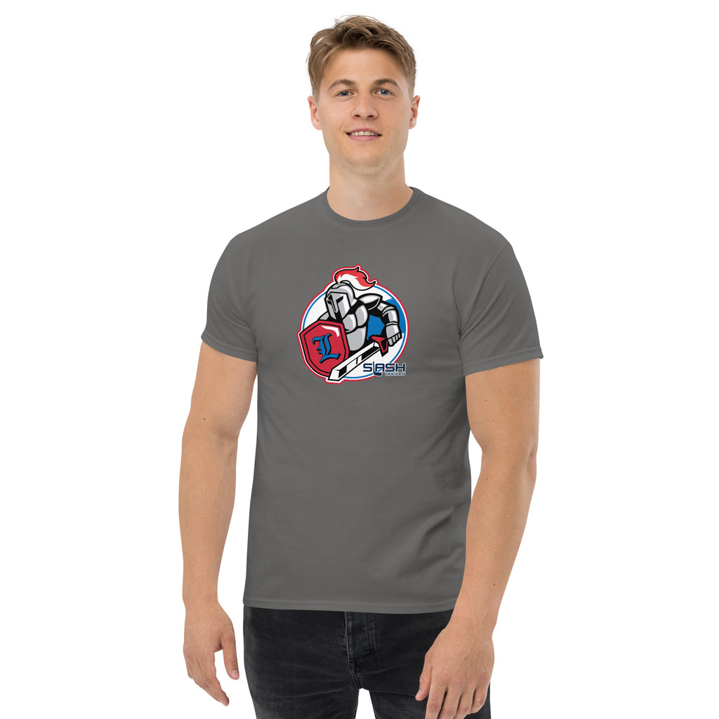 Male model wearing LHA tee, casual hockey-inspired look for players and fans.