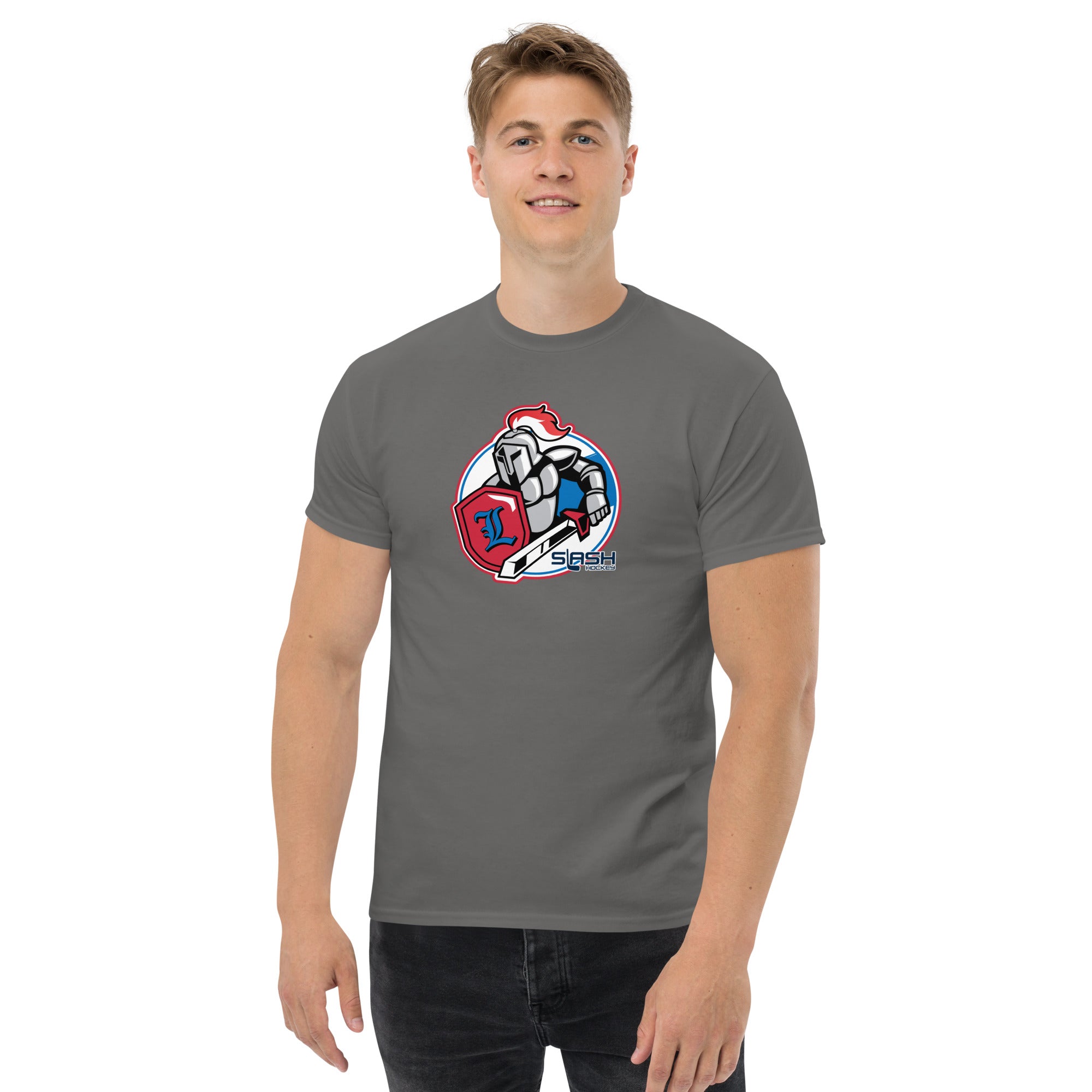 Male model wearing LHA tee, casual hockey-inspired look for players and fans.