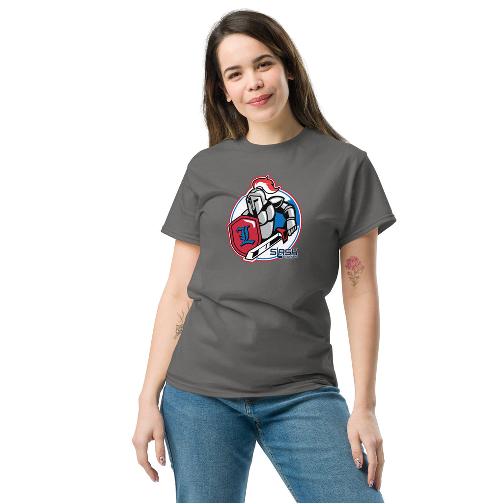Female model wearing LHA tee, styled casually to show Livonia Hockey pride on and off the rink.