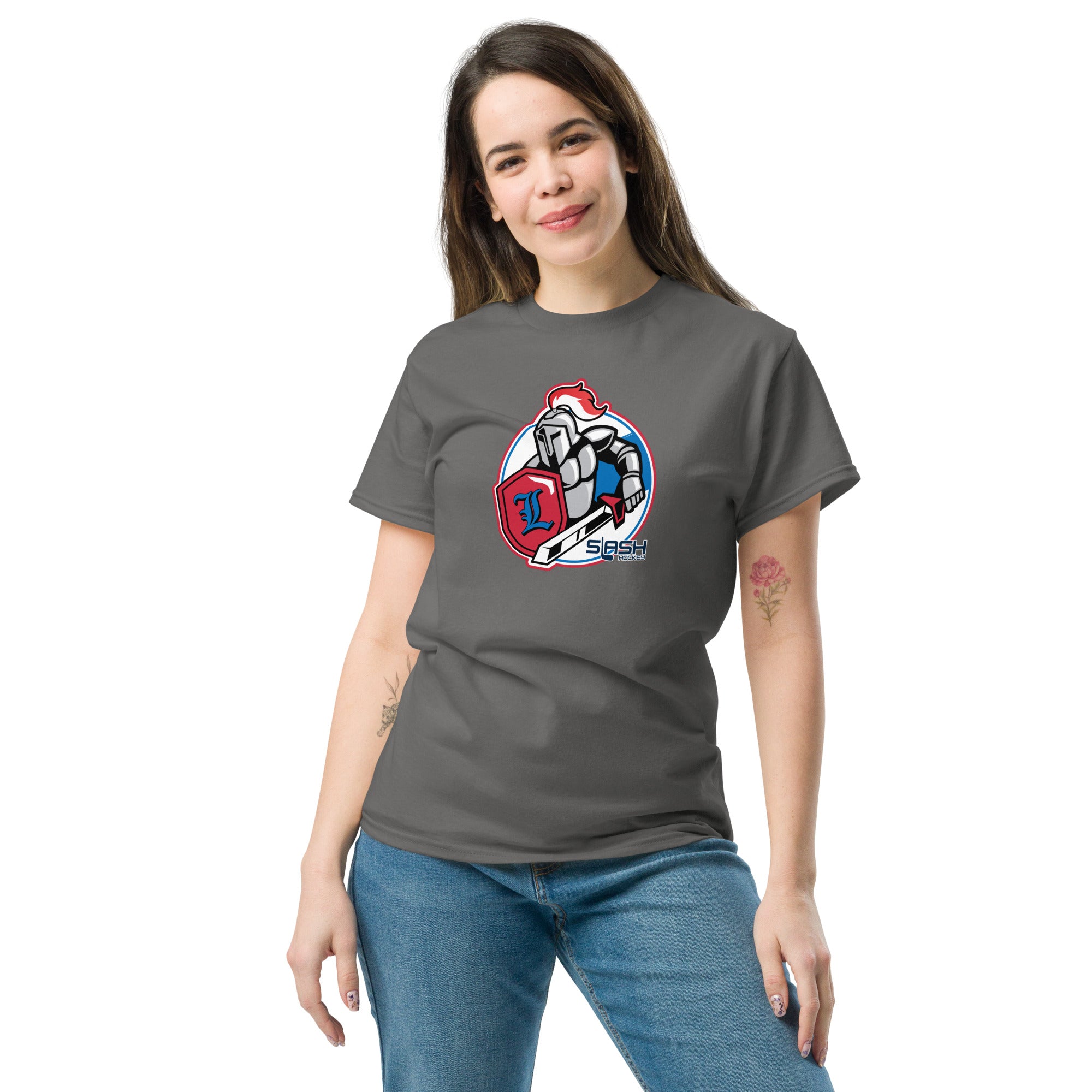 Female model wearing LHA tee, styled casually to show Livonia Hockey pride on and off the rink.