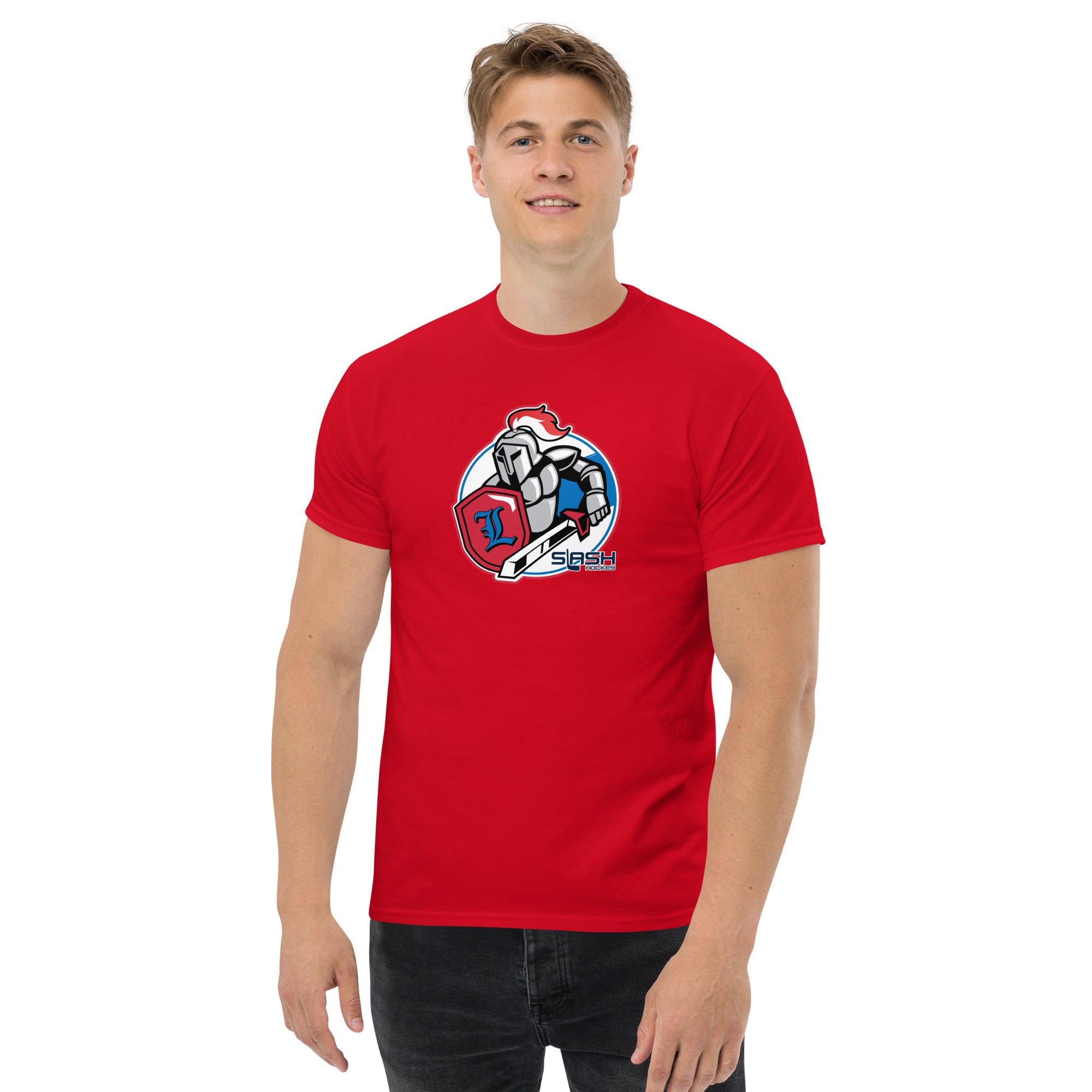 Male model wearing LHA tee, casual hockey-inspired look for players and fans.